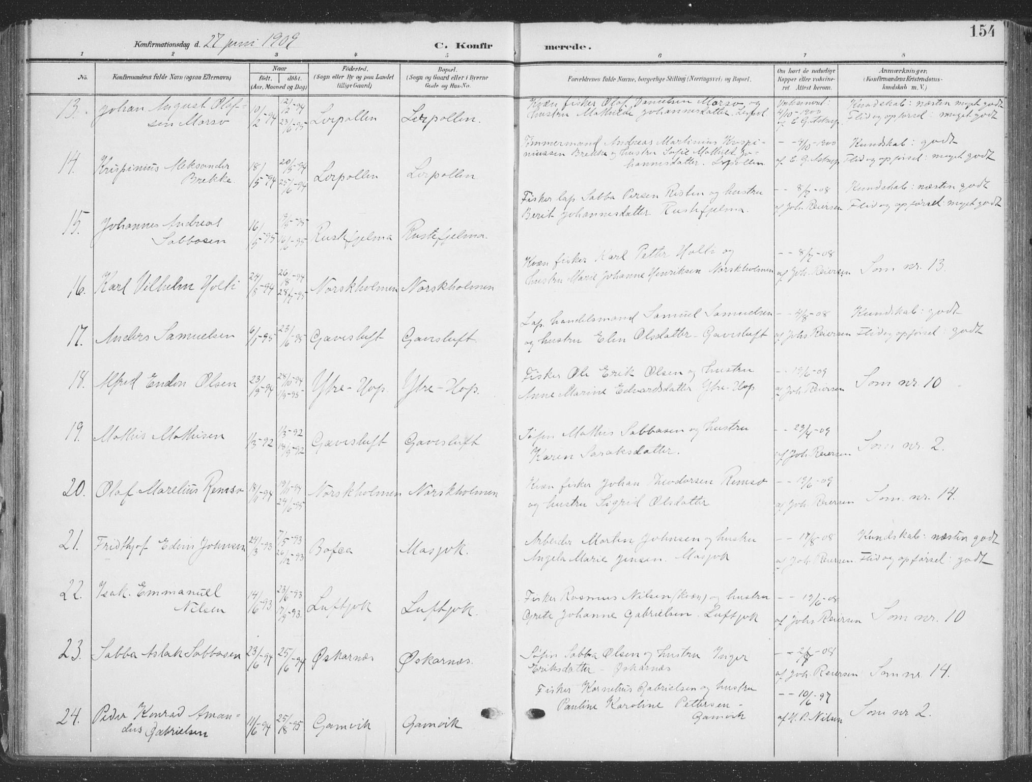 Tana sokneprestkontor, SATØ/S-1334/H/Ha/L0007kirke: Parish register (official) no. 7, 1904-1918, p. 154