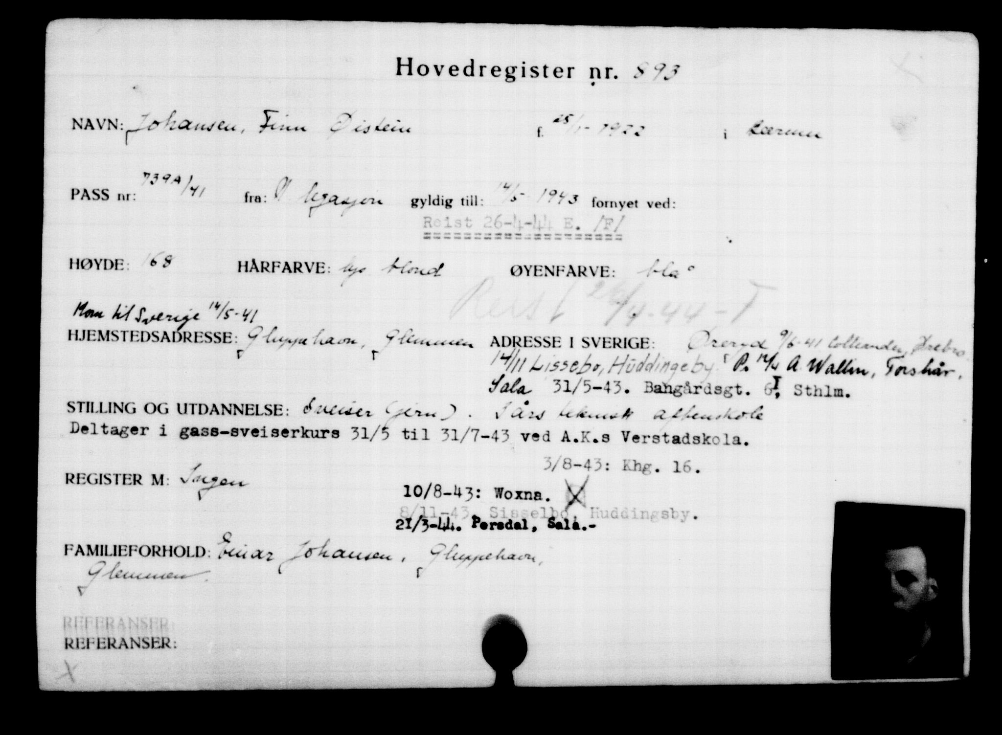 Utenriksstasjonene, Legasjonen i Stockholm, Flyktningkontoret, AV/RA-S-6753/V/Va/L0001: Kjesäterkartoteket, flyktninger med registreringsnr. 1-1000, 1940-1945, p. 1414