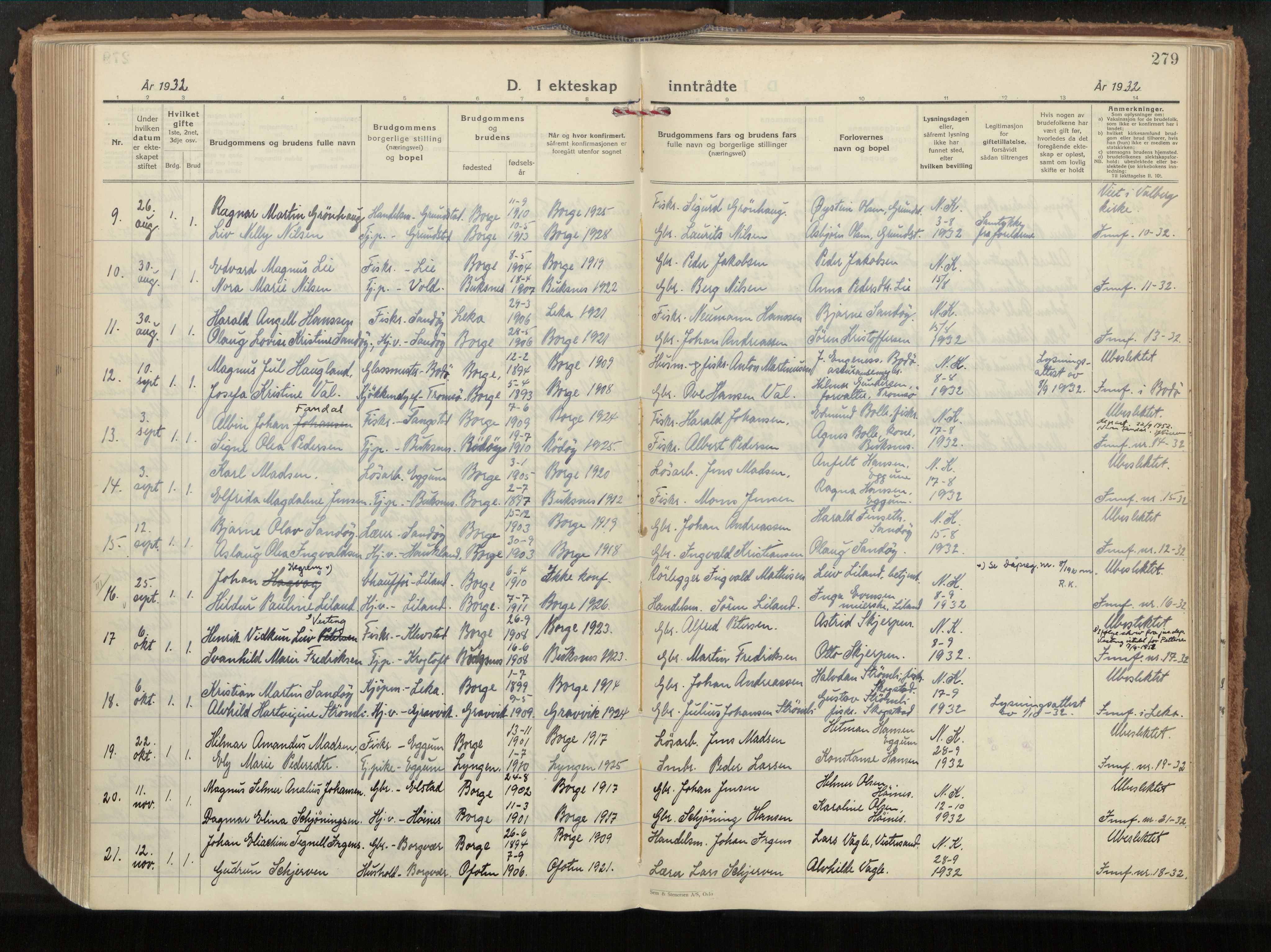 Ministerialprotokoller, klokkerbøker og fødselsregistre - Nordland, AV/SAT-A-1459/880/L1137: Parish register (official) no. 880A11, 1927-1944, p. 279