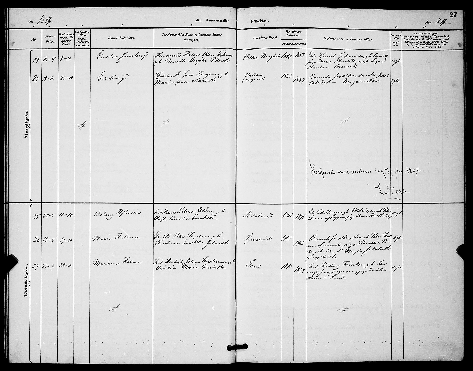 Sand/Bjarkøy sokneprestkontor, SATØ/S-0811/I/Ia/Iab/L0003klokker: Parish register (copy) no. 3, 1891-1904, p. 27