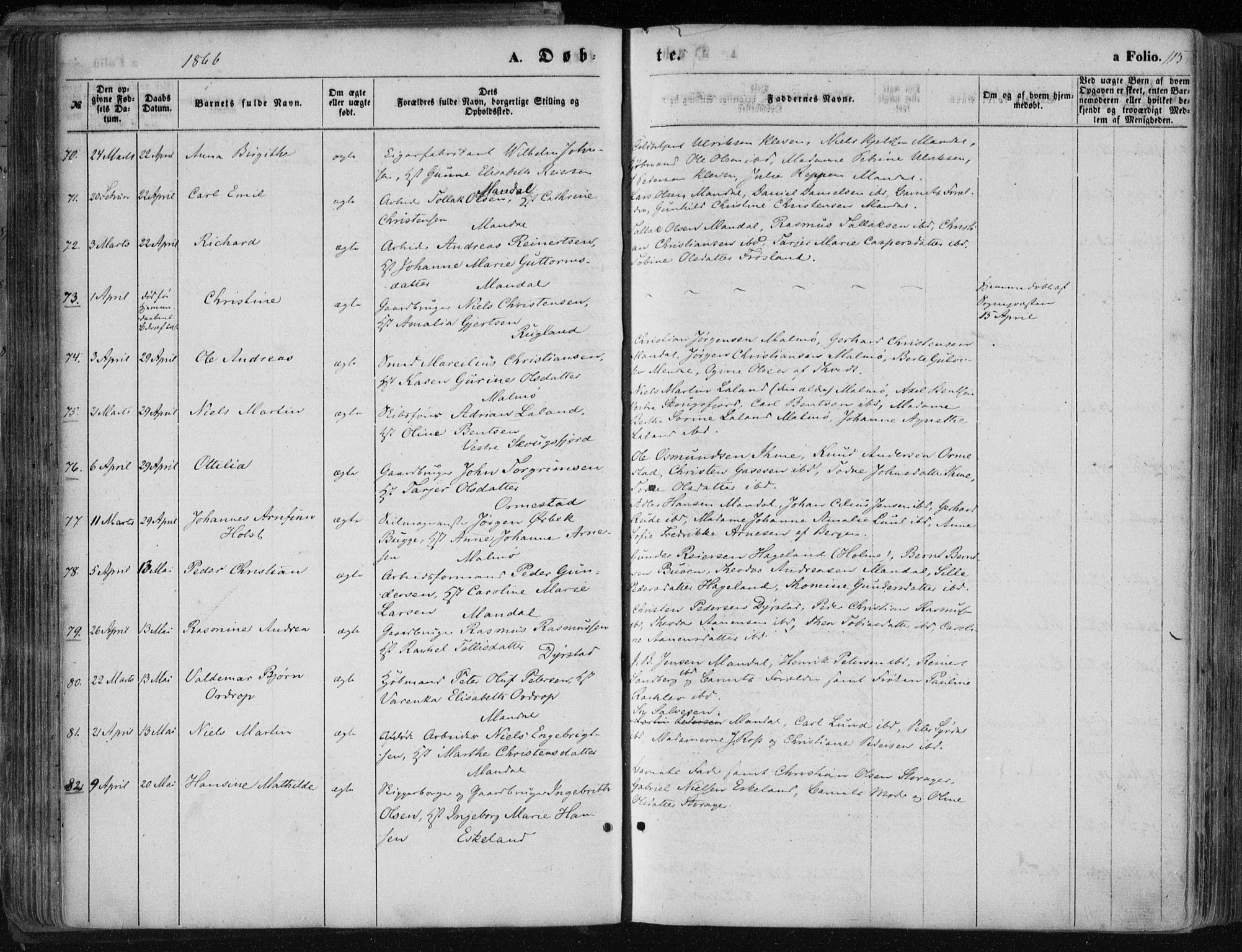 Mandal sokneprestkontor, AV/SAK-1111-0030/F/Fa/Faa/L0014: Parish register (official) no. A 14, 1859-1872, p. 115