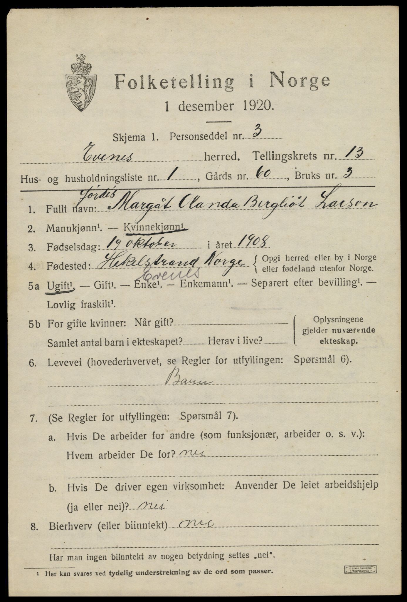 SAT, 1920 census for Evenes, 1920, p. 11898