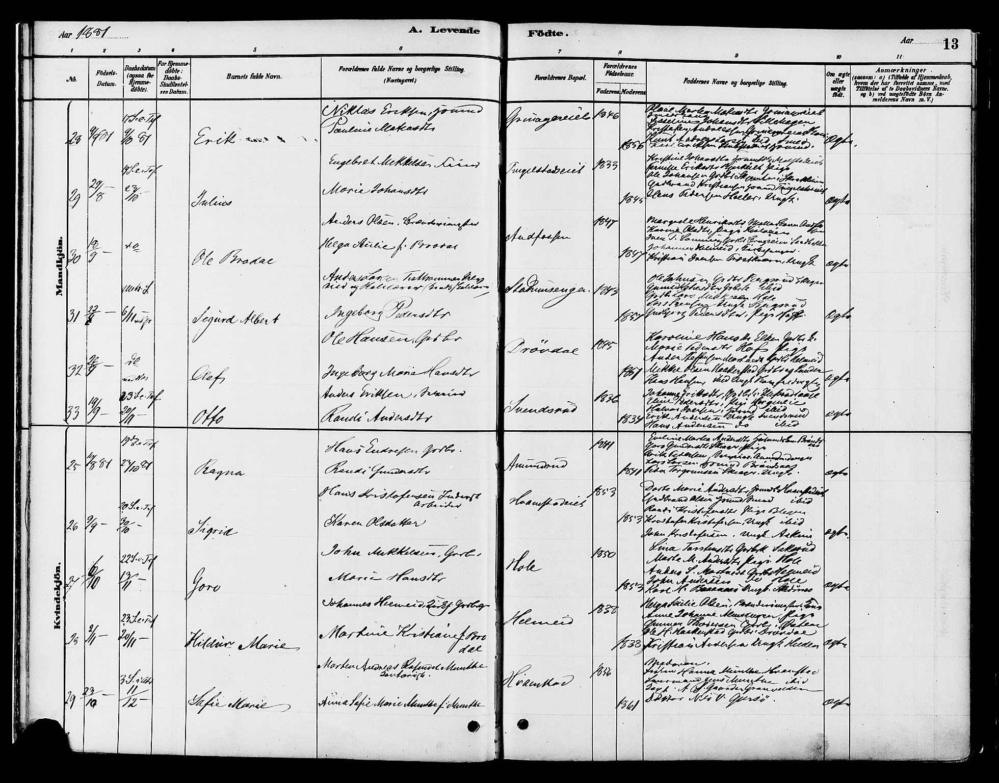 Gran prestekontor, AV/SAH-PREST-112/H/Ha/Haa/L0016: Parish register (official) no. 16, 1880-1888, p. 13