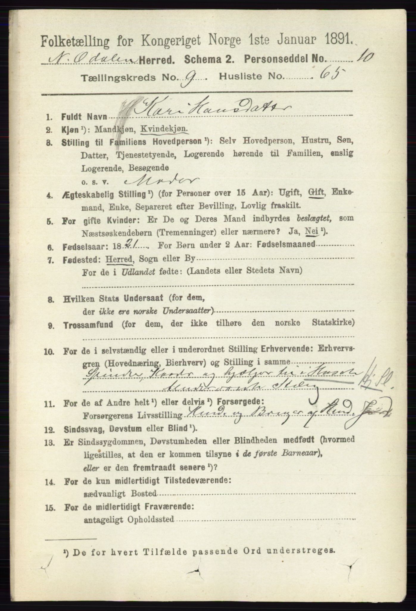 RA, 1891 census for 0418 Nord-Odal, 1891, p. 4426