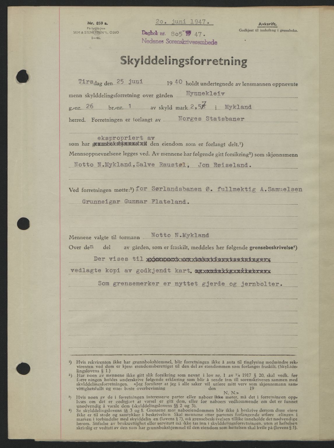 Nedenes sorenskriveri, SAK/1221-0006/G/Gb/Gba/L0057: Mortgage book no. A9, 1947-1947, Diary no: : 805/1947