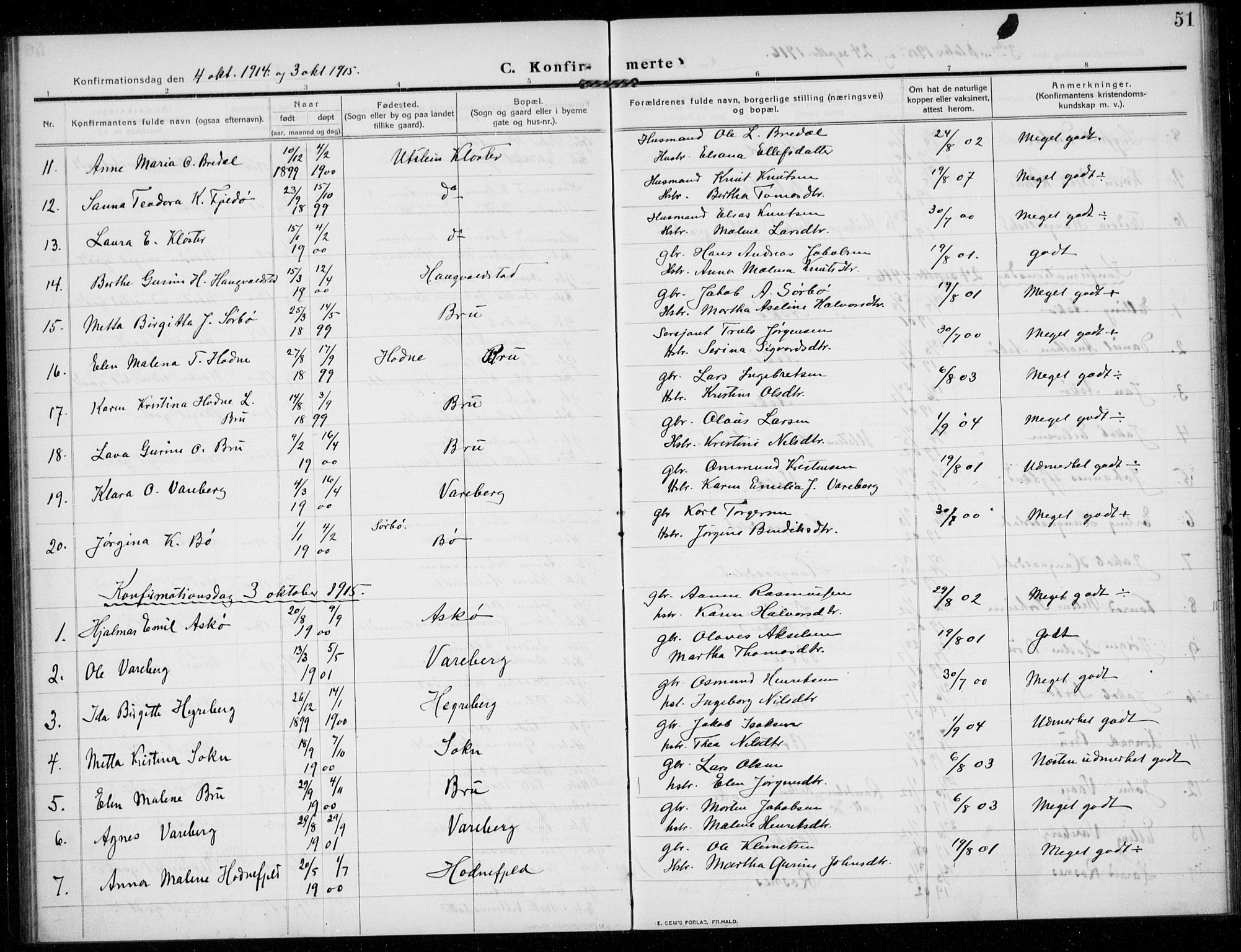 Rennesøy sokneprestkontor, AV/SAST-A -101827/H/Ha/Haa/L0017: Parish register (official) no. A 17, 1908-1926, p. 51