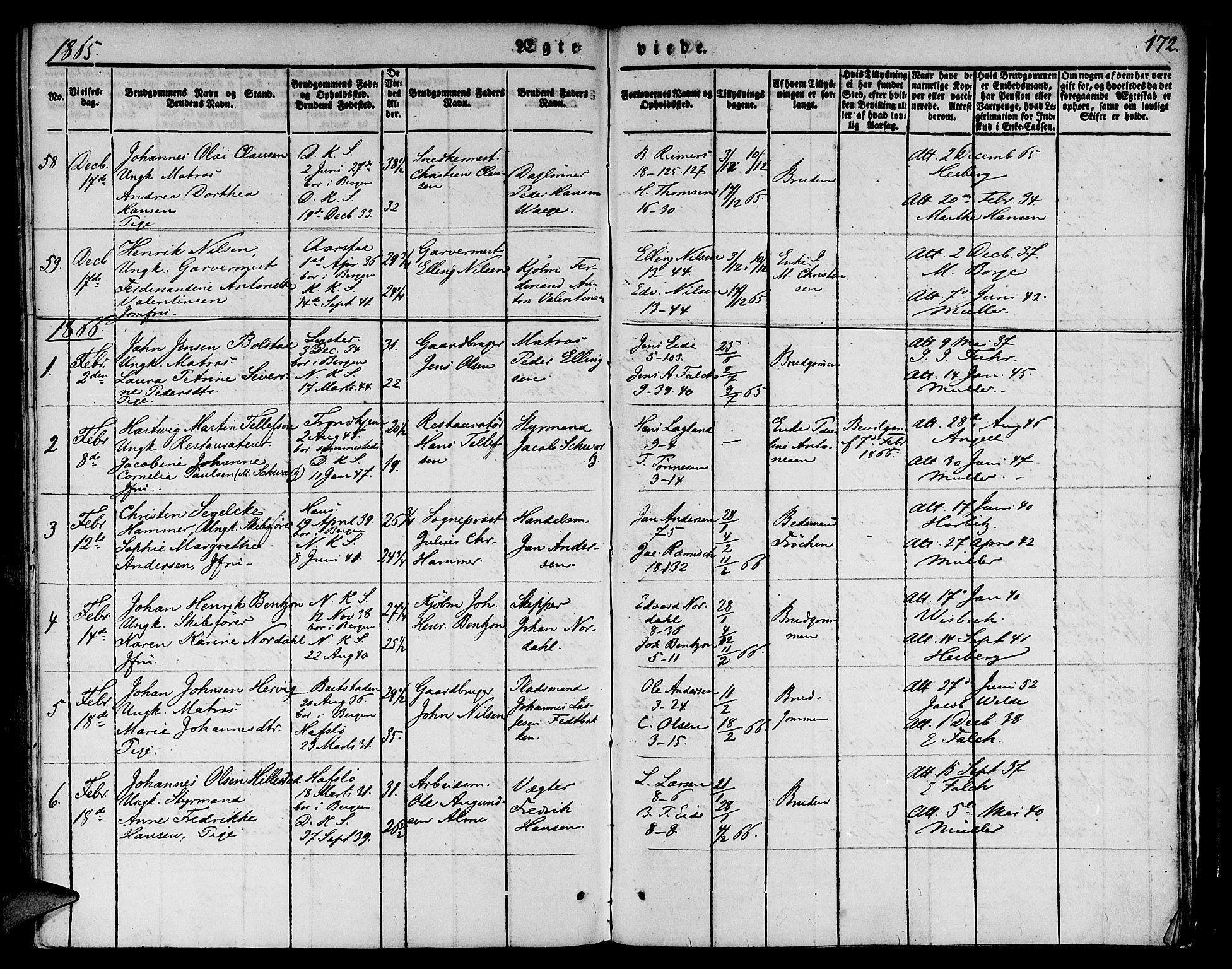 Nykirken Sokneprestembete, SAB/A-77101/H/Hab: Parish register (copy) no. D 1, 1832-1867, p. 172