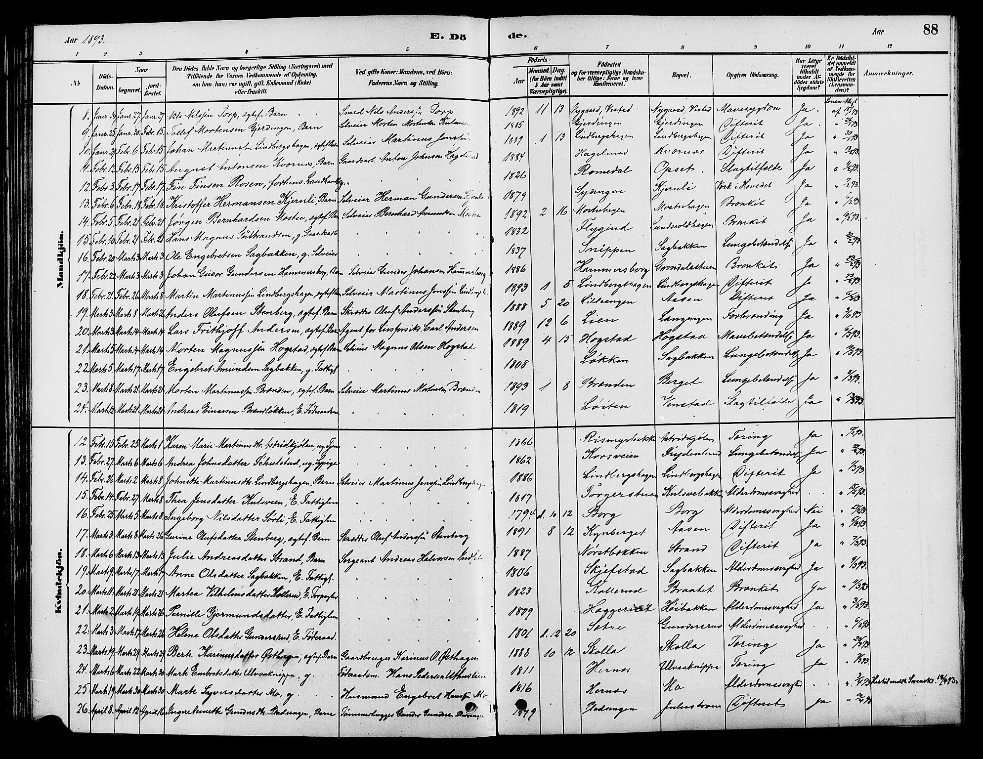 Elverum prestekontor, AV/SAH-PREST-044/H/Ha/Haa/L0012: Parish register (official) no. 12, 1880-1893, p. 88