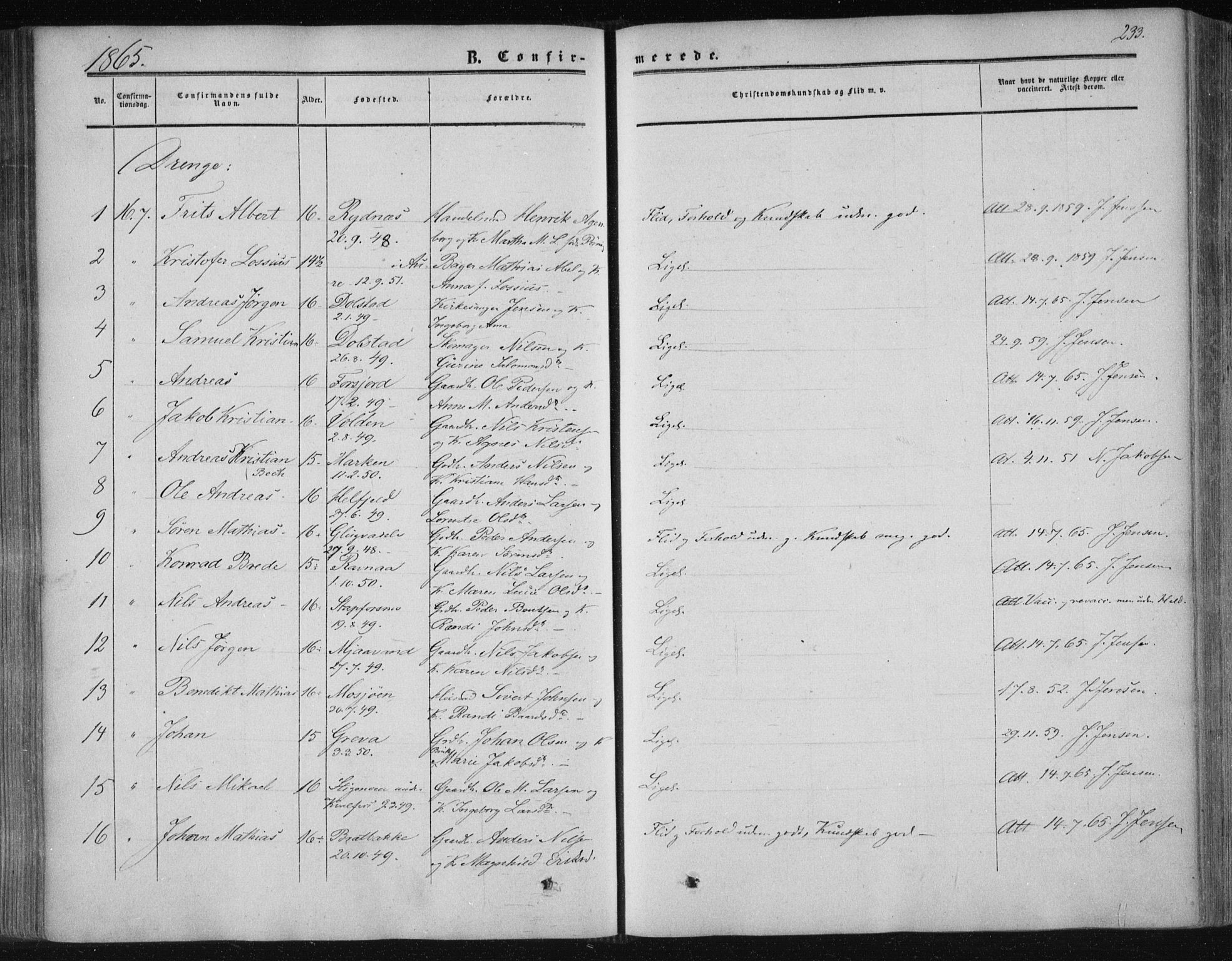 Ministerialprotokoller, klokkerbøker og fødselsregistre - Nordland, SAT/A-1459/820/L0293: Parish register (official) no. 820A14, 1855-1865, p. 233