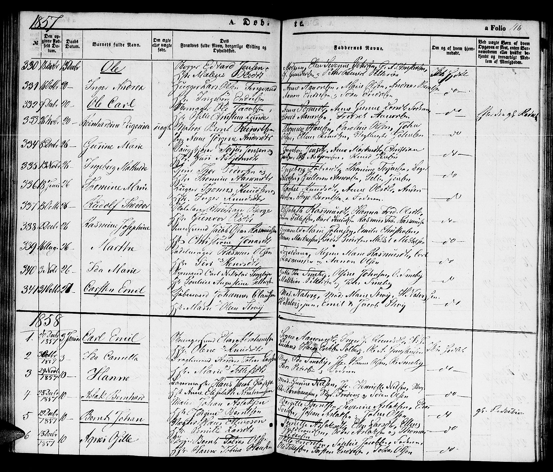 Kristiansand domprosti, SAK/1112-0006/F/Fb/L0011: Parish register (copy) no. B 11, 1851-1861, p. 116