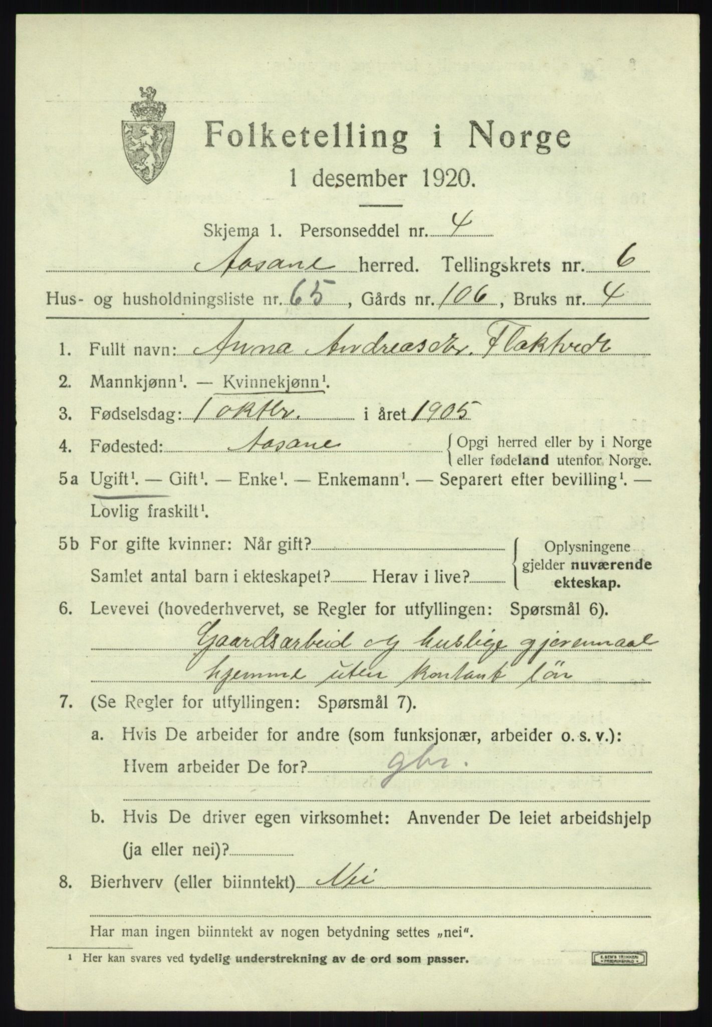 SAB, 1920 census for Åsane, 1920, p. 4981