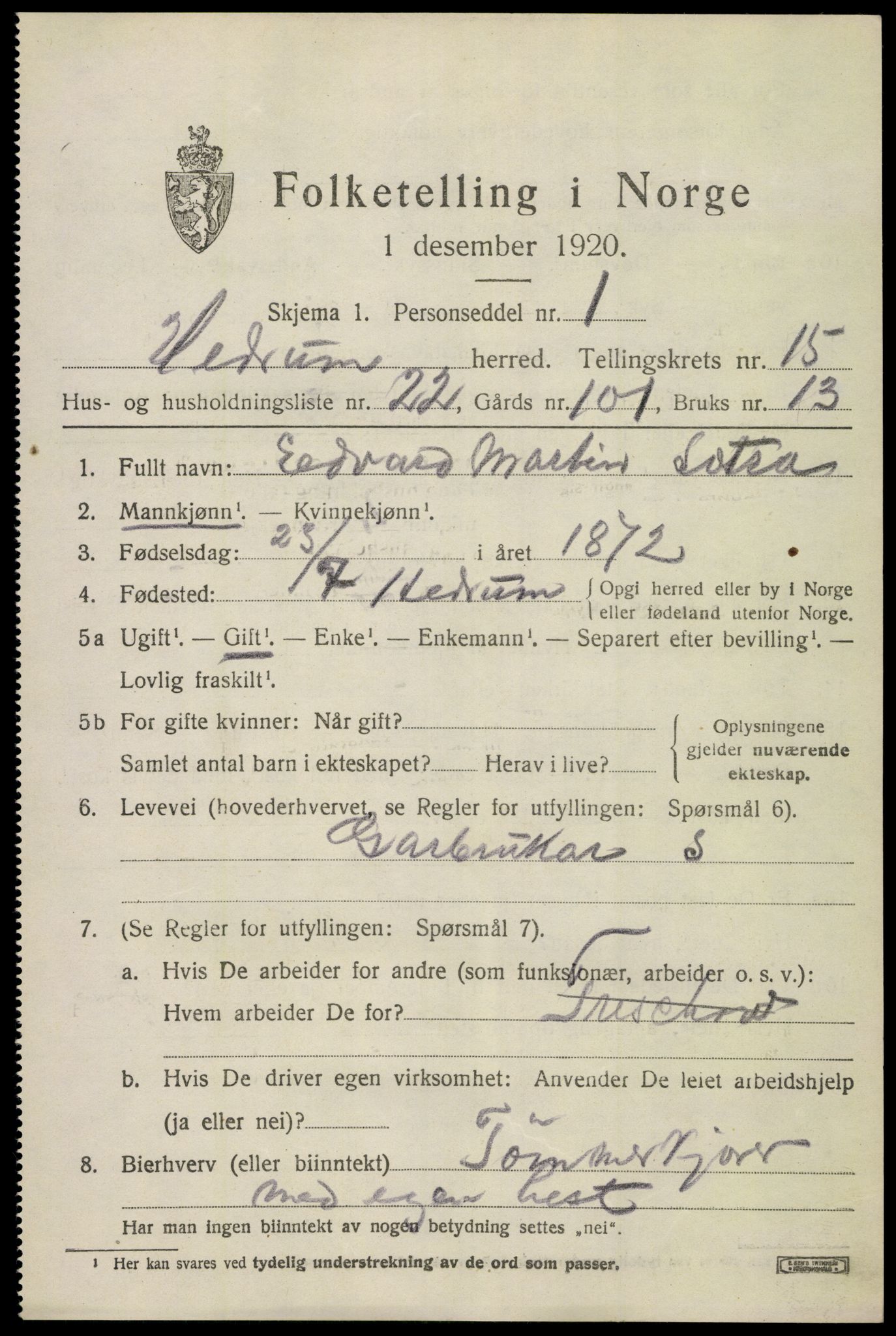 SAKO, 1920 census for Hedrum, 1920, p. 10189