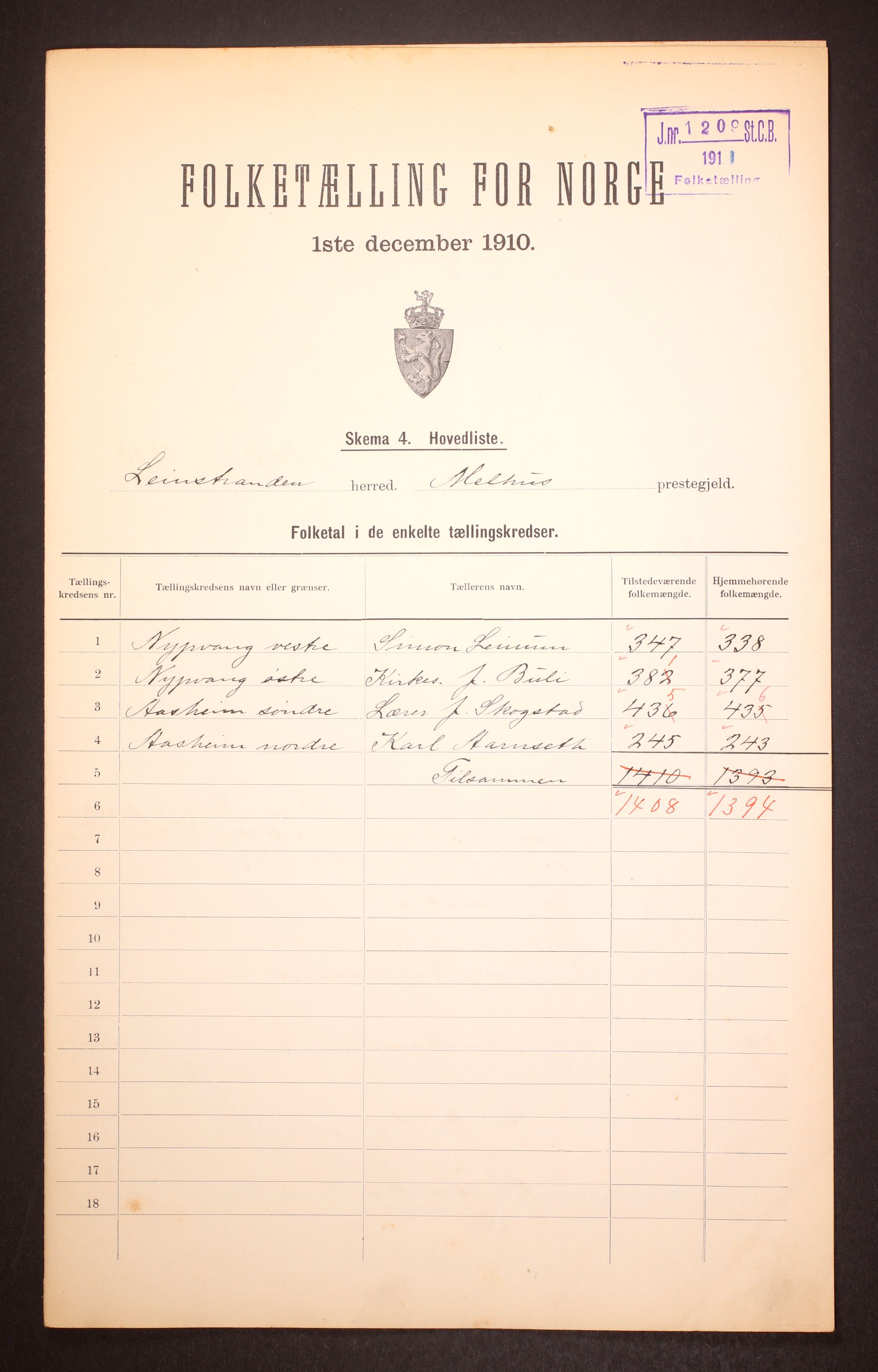 RA, 1910 census for Leinstrand, 1910, p. 2