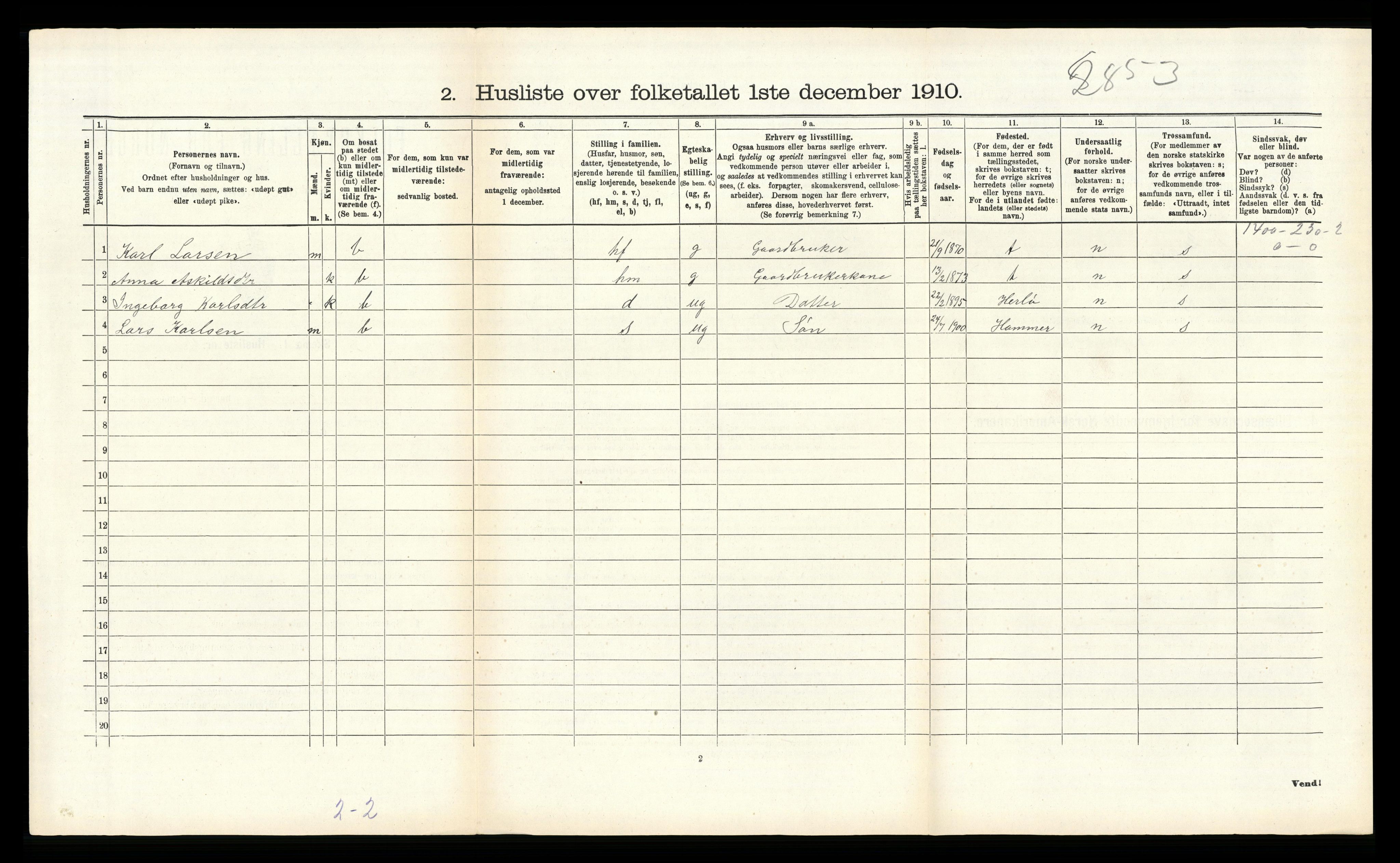 RA, 1910 census for Hosanger, 1910, p. 461