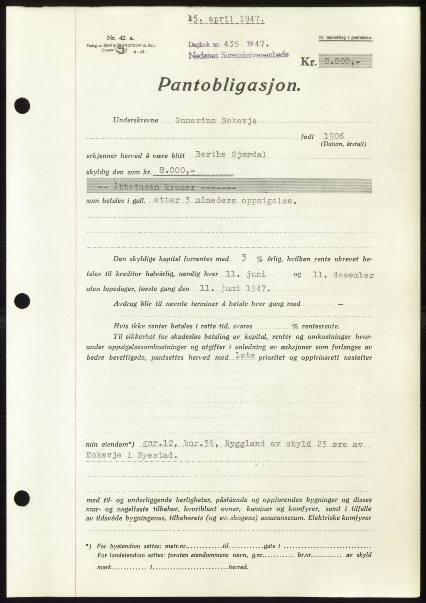 Nedenes sorenskriveri, AV/SAK-1221-0006/G/Gb/Gbb/L0004: Mortgage book no. B4, 1947-1947, Diary no: : 435/1947