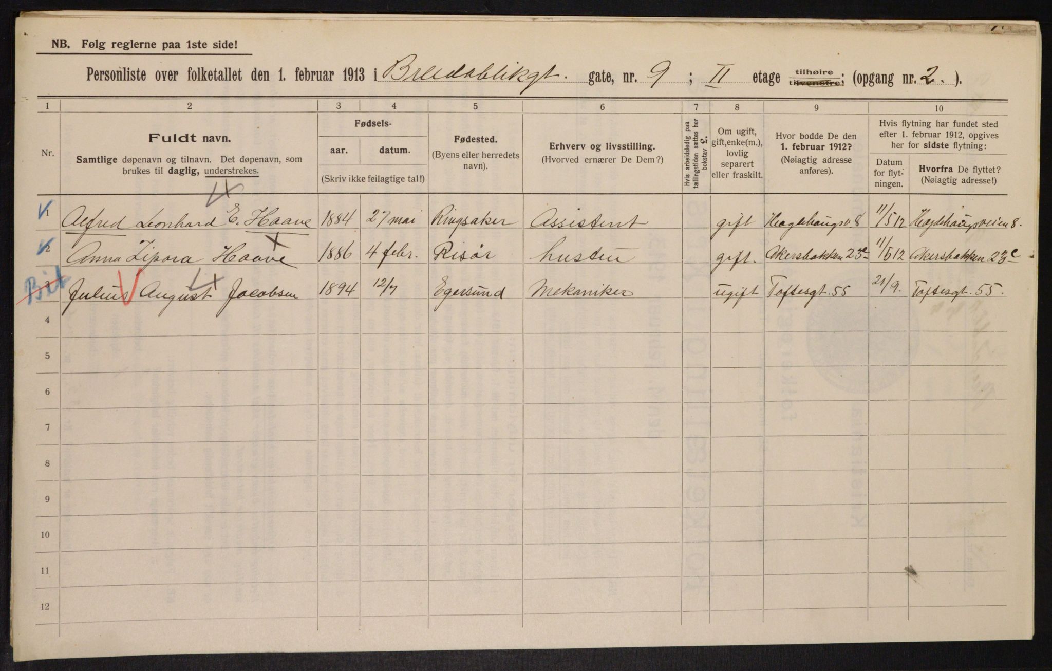 OBA, Municipal Census 1913 for Kristiania, 1913, p. 8012