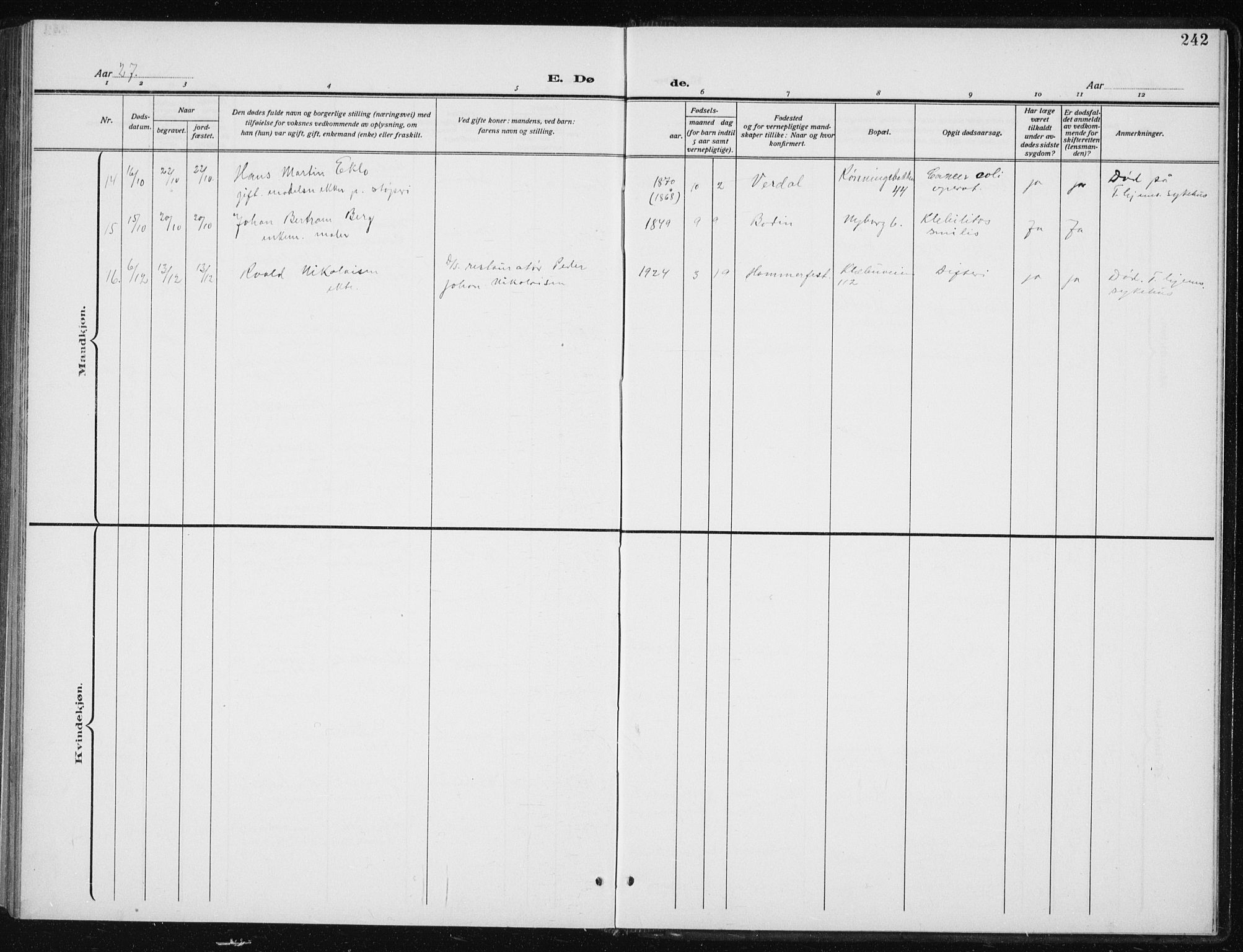 Ministerialprotokoller, klokkerbøker og fødselsregistre - Sør-Trøndelag, SAT/A-1456/606/L0314: Parish register (copy) no. 606C10, 1911-1937, p. 242