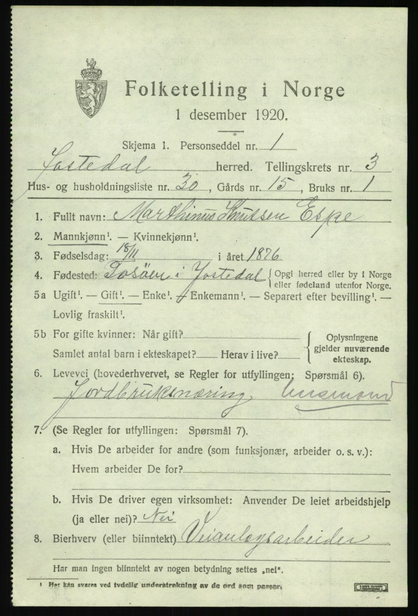 SAB, 1920 census for Jostedal, 1920, p. 1512