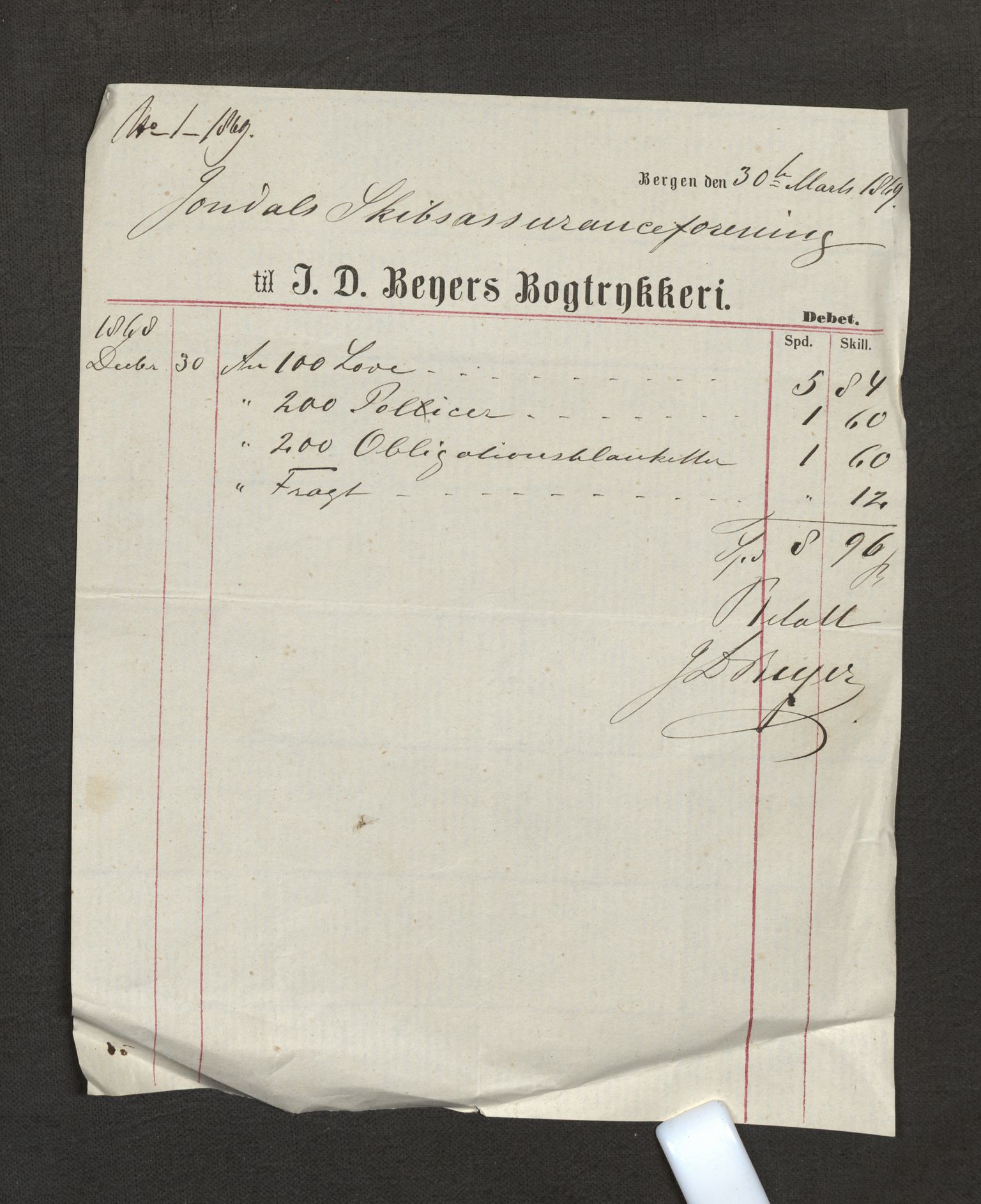 Jondal Skipsassuranseforening, SAB/SAB/PA-0276/E/L0061: Korrespondanse , 1869