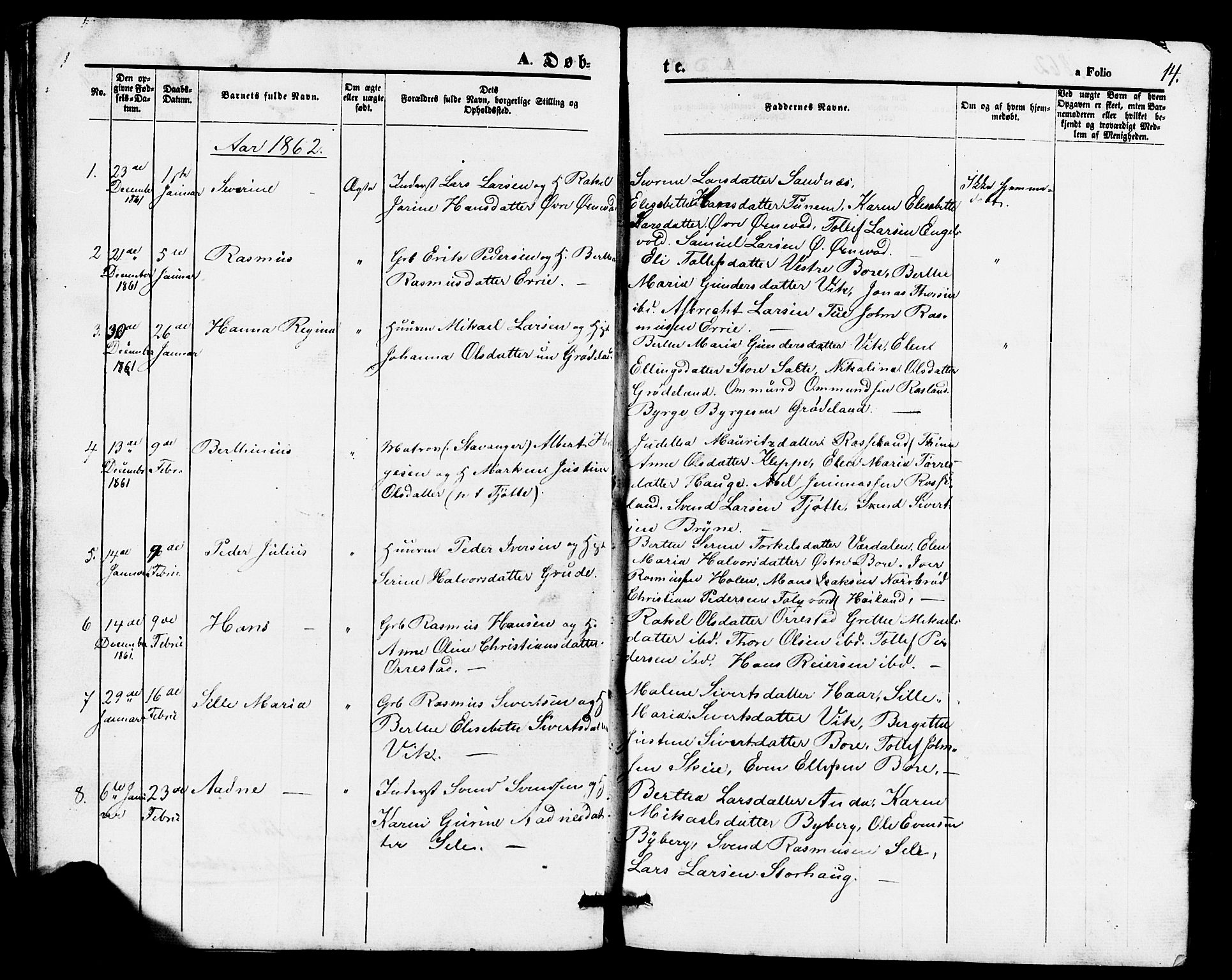 Klepp sokneprestkontor, SAST/A-101803/001/3/30BB/L0002: Parish register (copy) no. B 2, 1860-1875, p. 14