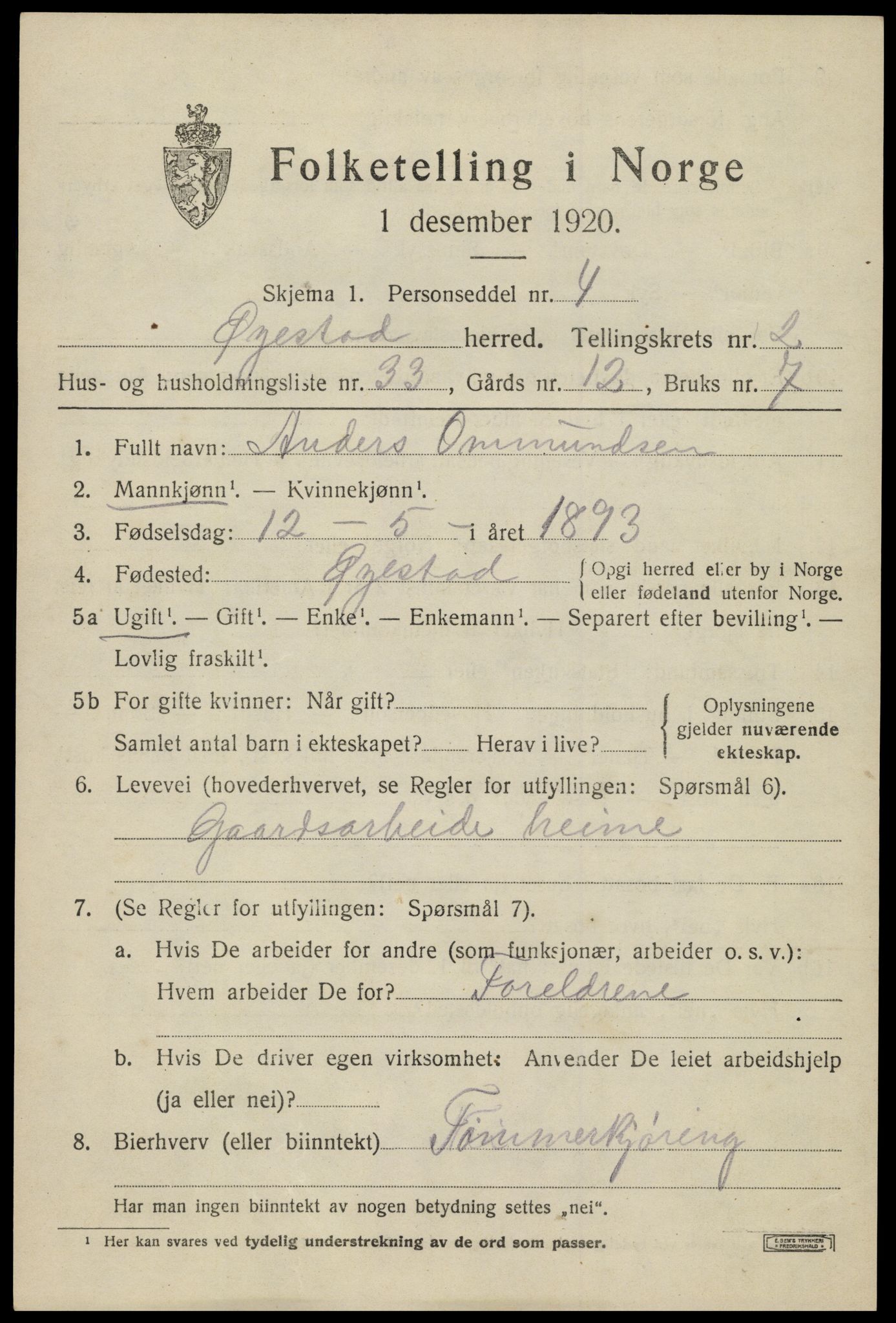 SAK, 1920 census for Øyestad, 1920, p. 2682