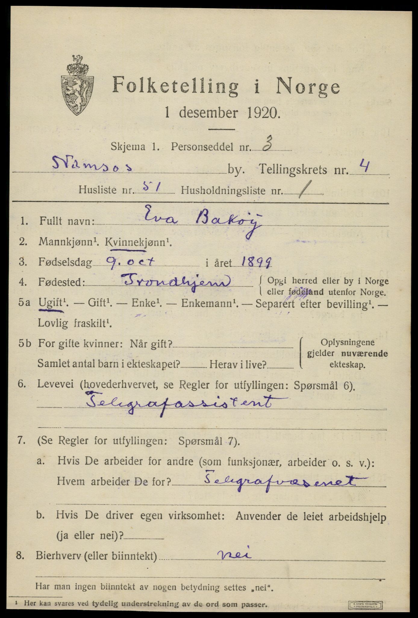 SAT, 1920 census for Namsos, 1920, p. 5639