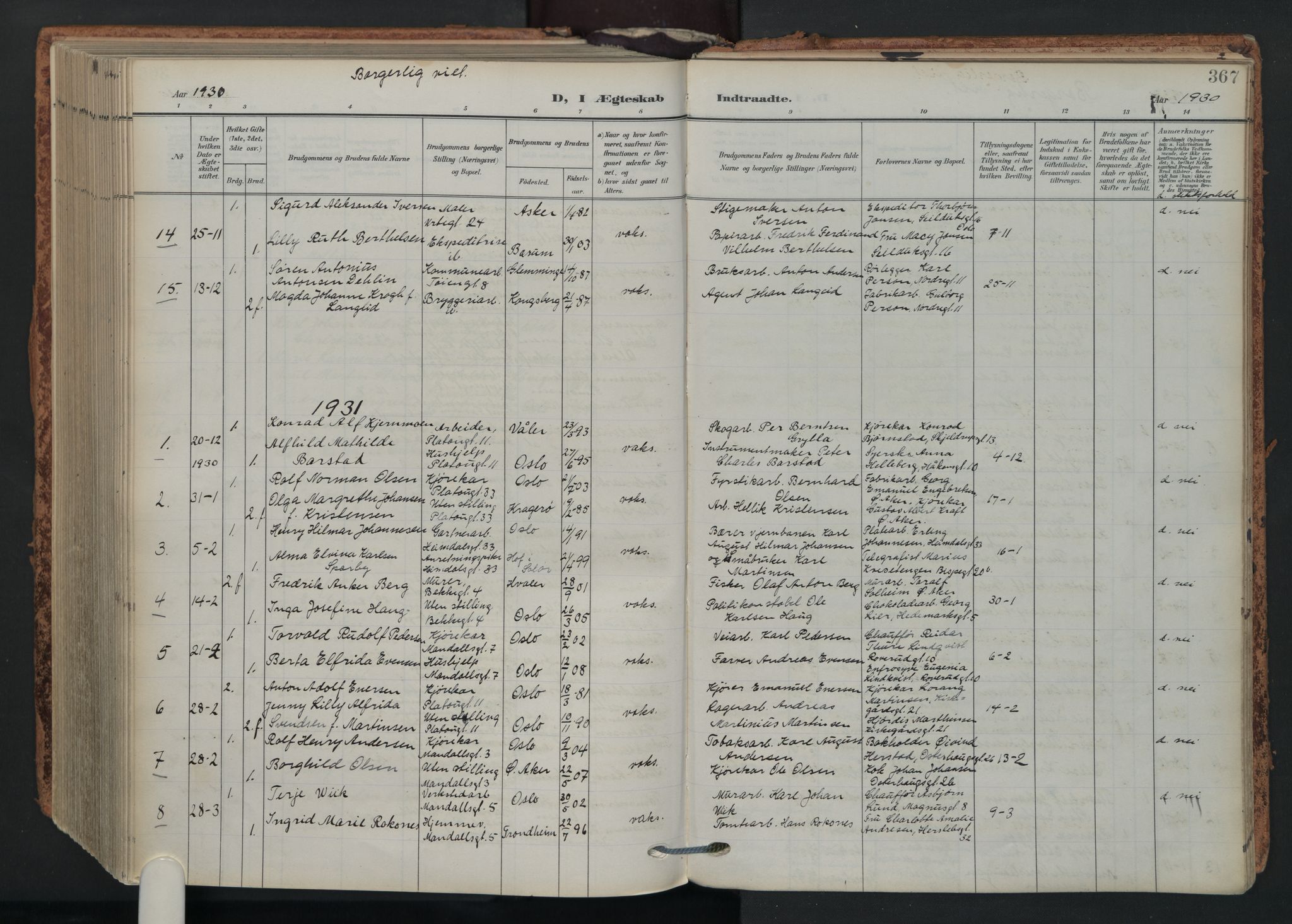 Grønland prestekontor Kirkebøker, AV/SAO-A-10848/F/Fa/L0017: Parish register (official) no. 17, 1906-1934, p. 367