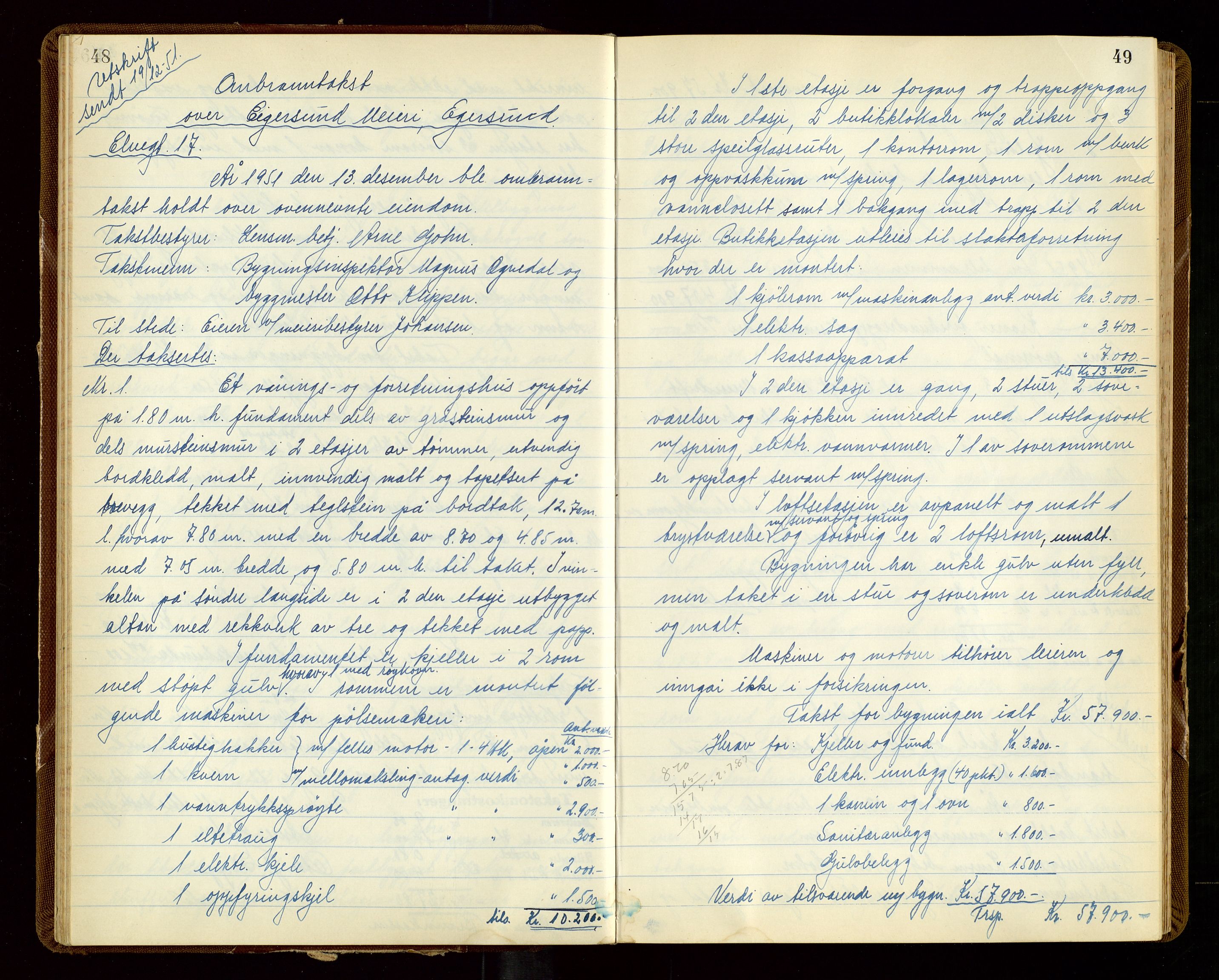 Eigersund lensmannskontor, AV/SAST-A-100171/God/L0014: "Branntakstprotokoll", 1951-1955, p. 48-49