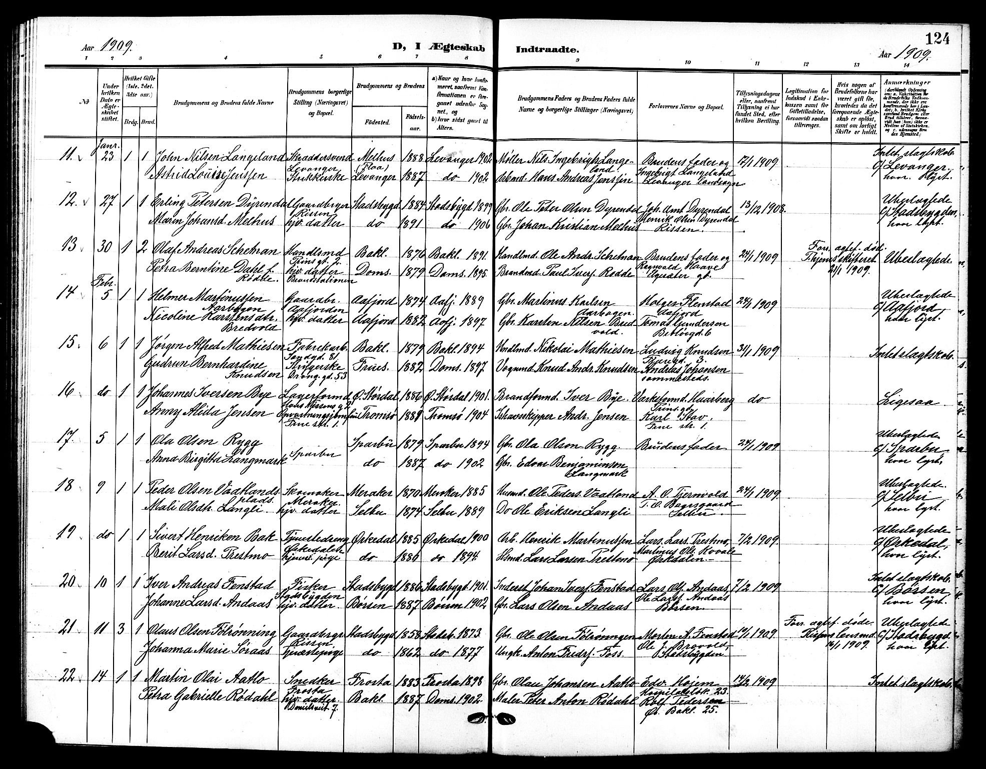 Ministerialprotokoller, klokkerbøker og fødselsregistre - Sør-Trøndelag, AV/SAT-A-1456/601/L0095: Parish register (copy) no. 601C13, 1902-1911, p. 124