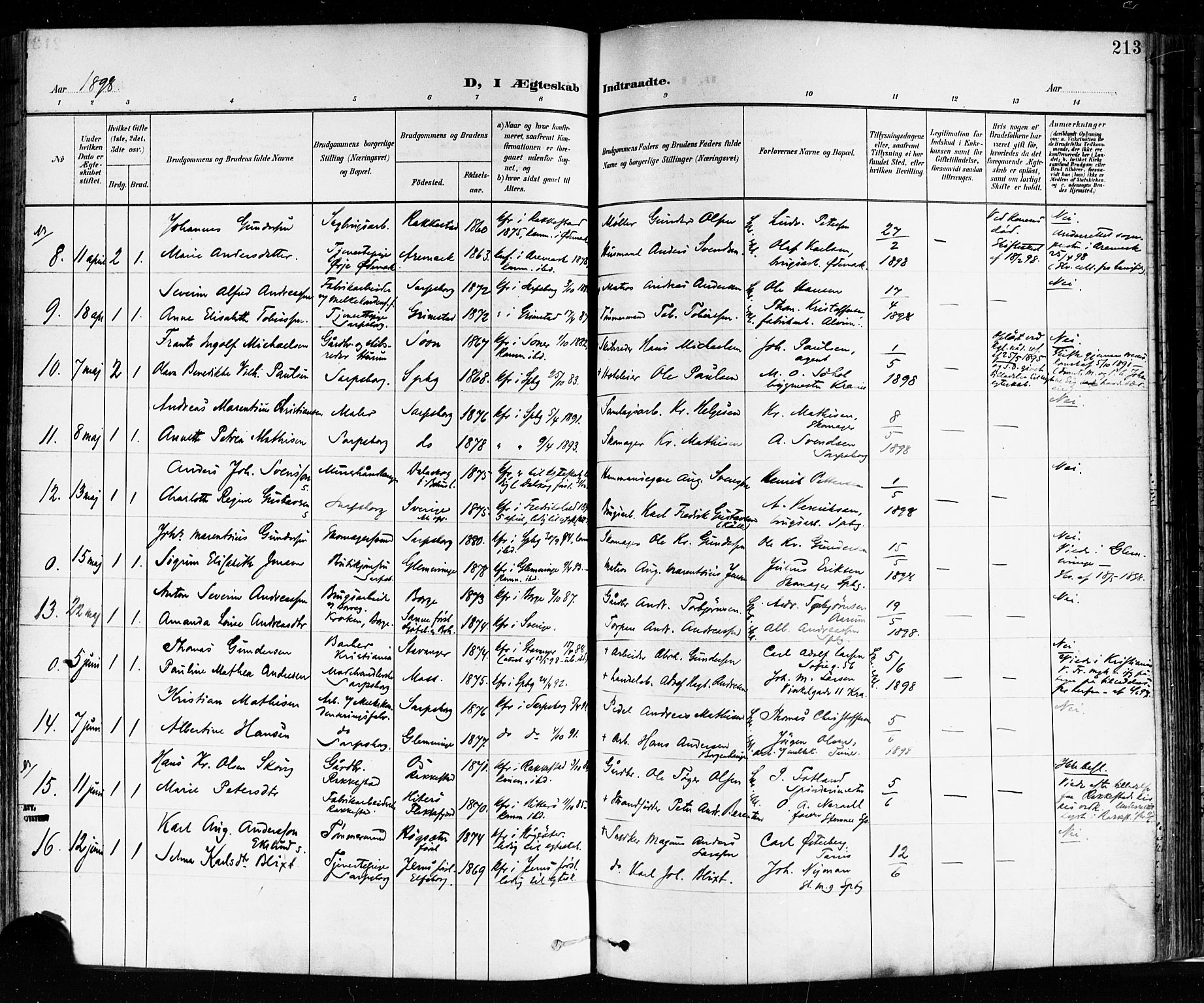 Sarpsborg prestekontor Kirkebøker, AV/SAO-A-2006/F/Fa/L0004: Parish register (official) no. 4, 1892-1899, p. 213