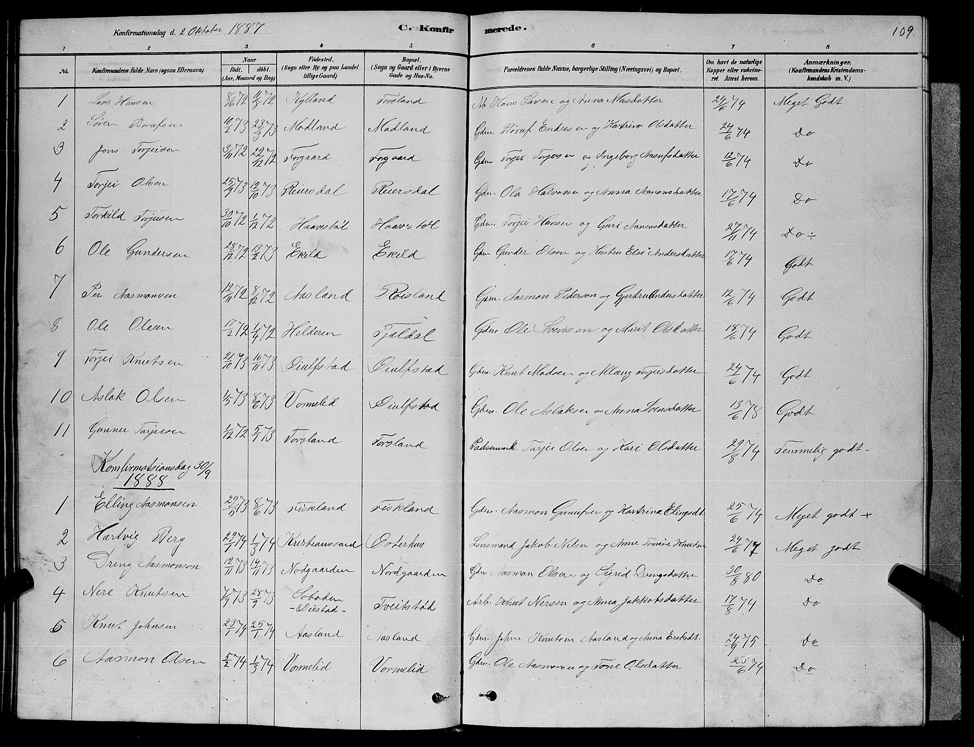 Åseral sokneprestkontor, SAK/1111-0051/F/Fb/L0002: Parish register (copy) no. B 2, 1878-1899, p. 109