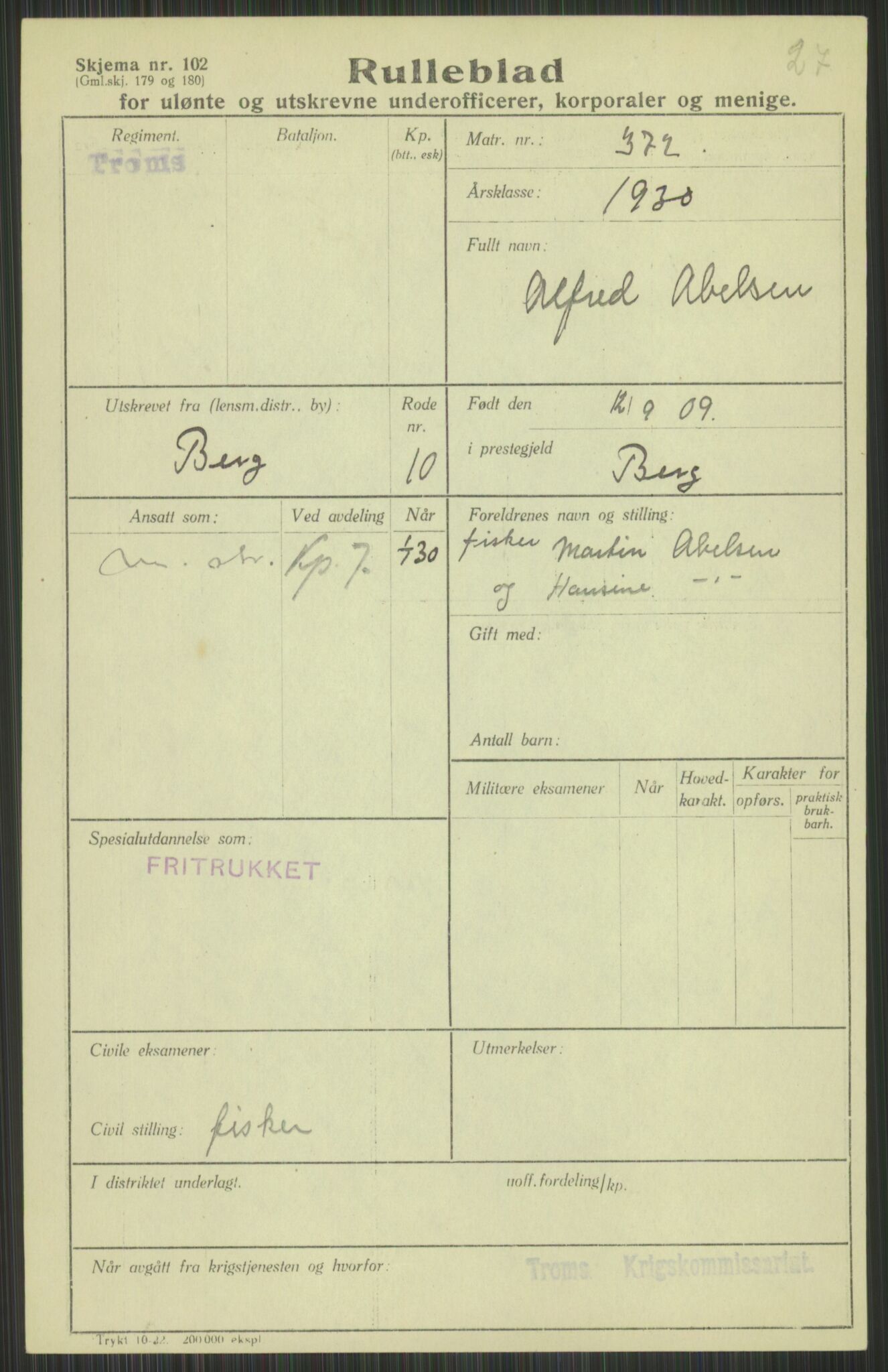 Forsvaret, Troms infanteriregiment nr. 16, AV/RA-RAFA-3146/P/Pa/L0014: Rulleblad for regimentets menige mannskaper, årsklasse 1930, 1930, p. 3