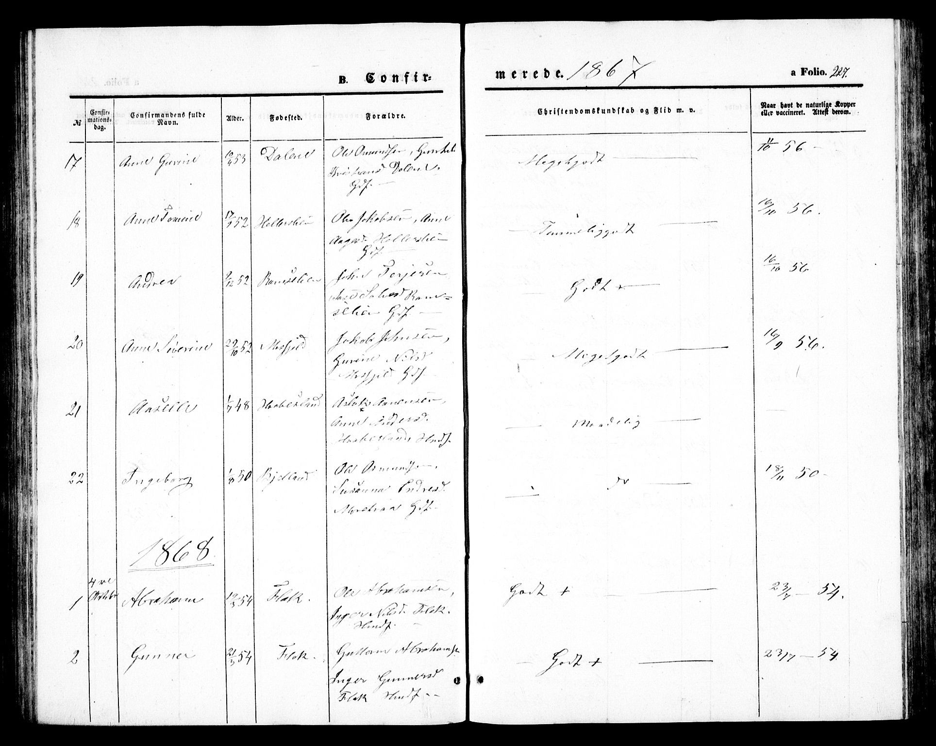 Birkenes sokneprestkontor, AV/SAK-1111-0004/F/Fb/L0002: Parish register (copy) no. B 2, 1849-1876, p. 227