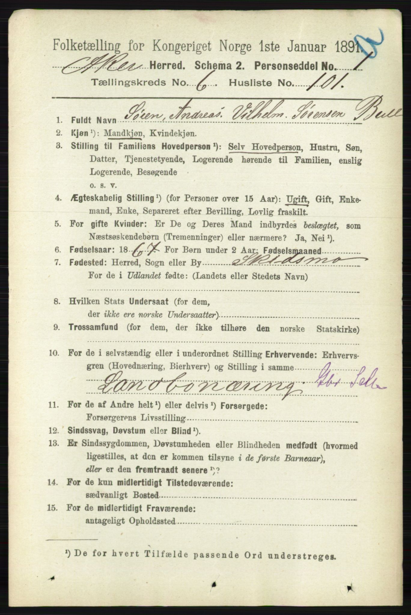 RA, 1891 census for 0218 Aker, 1891, p. 6138