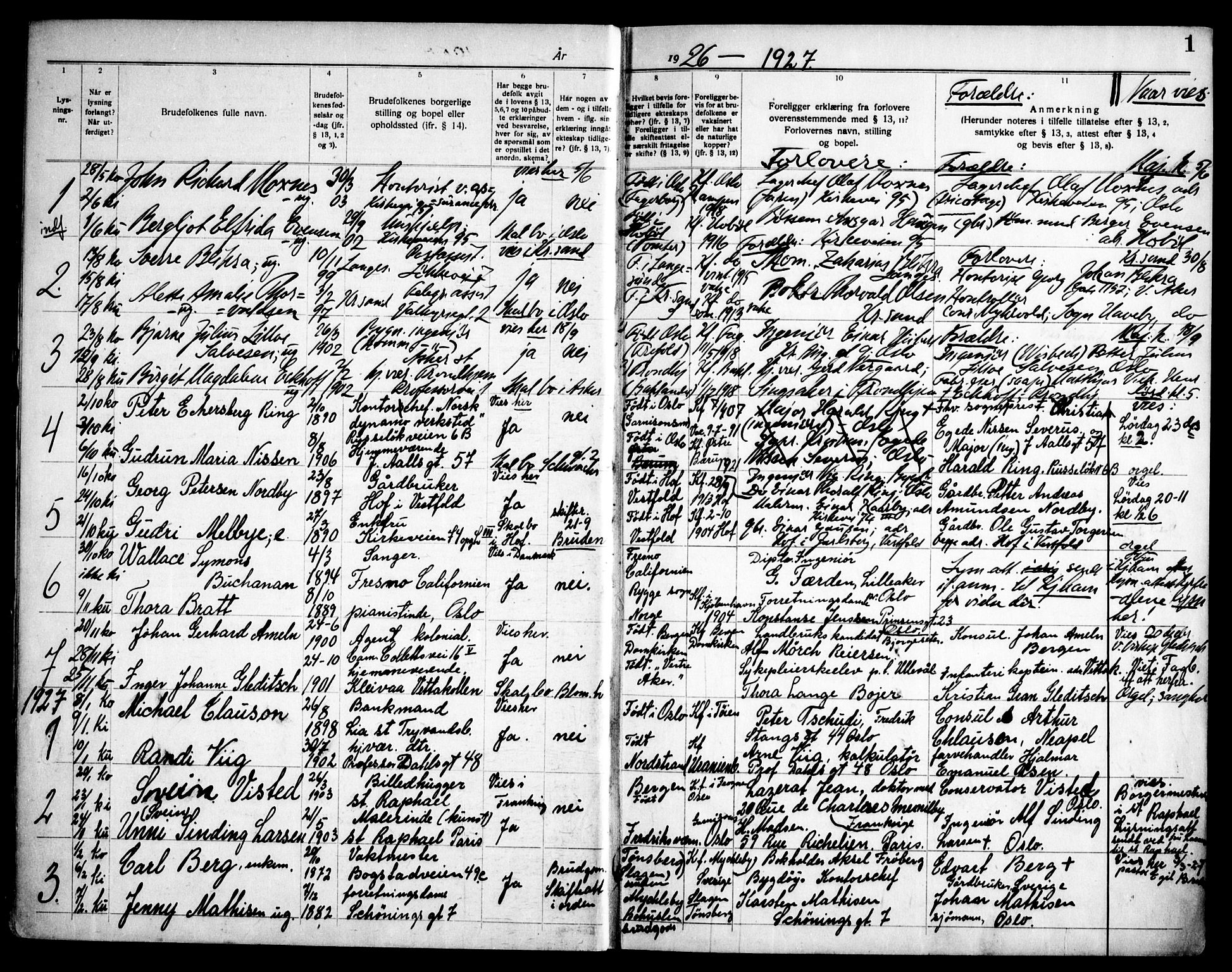 Majorstuen prestekontor Kirkebøker, SAO/A-10868/H/Ha/L0001: Banns register no. 1, 1926-1946, p. 1