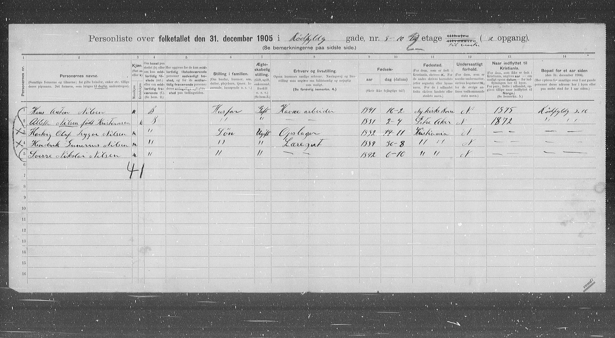 OBA, Municipal Census 1905 for Kristiania, 1905, p. 45284