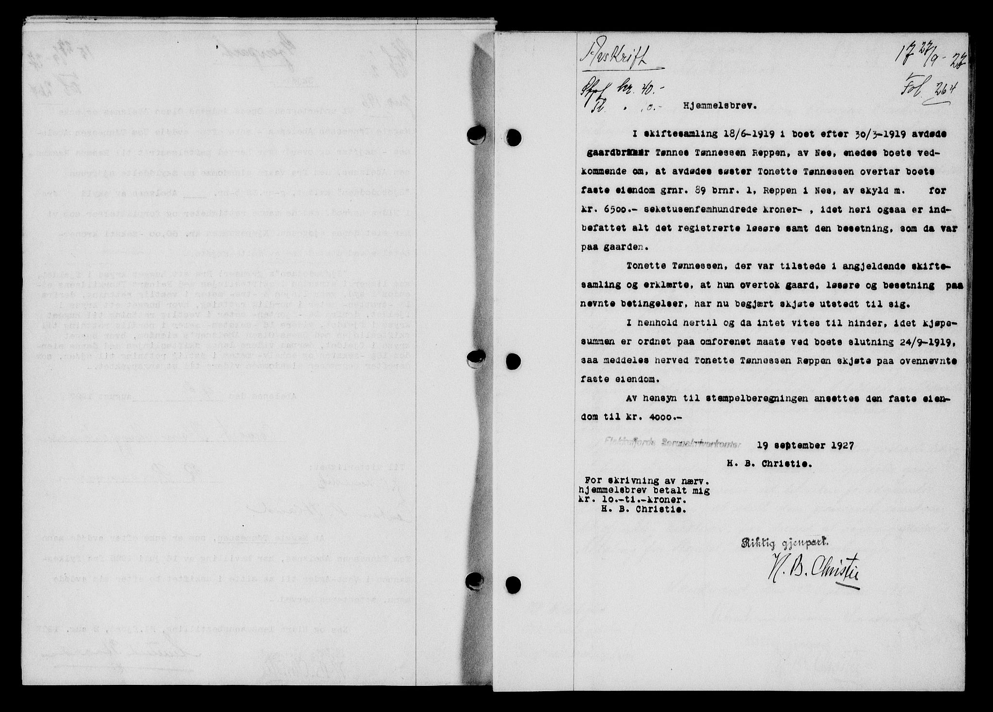 Flekkefjord sorenskriveri, AV/SAK-1221-0001/G/Gb/Gba/L0043: Mortgage book no. 41, 1926-1927, Deed date: 27.09.1927