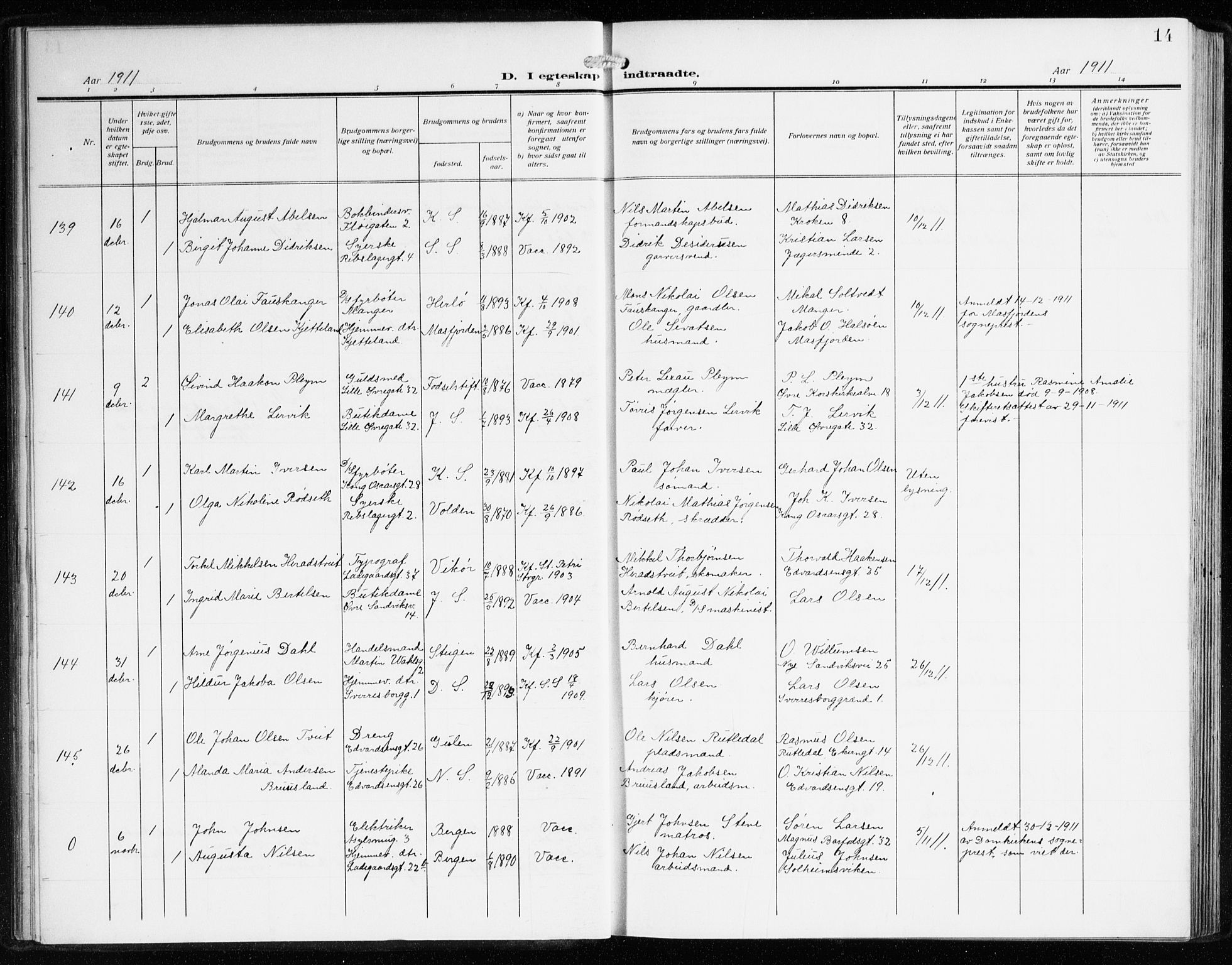 Sandviken Sokneprestembete, SAB/A-77601/H/Ha/L0015: Parish register (official) no. D 2, 1911-1923, p. 14