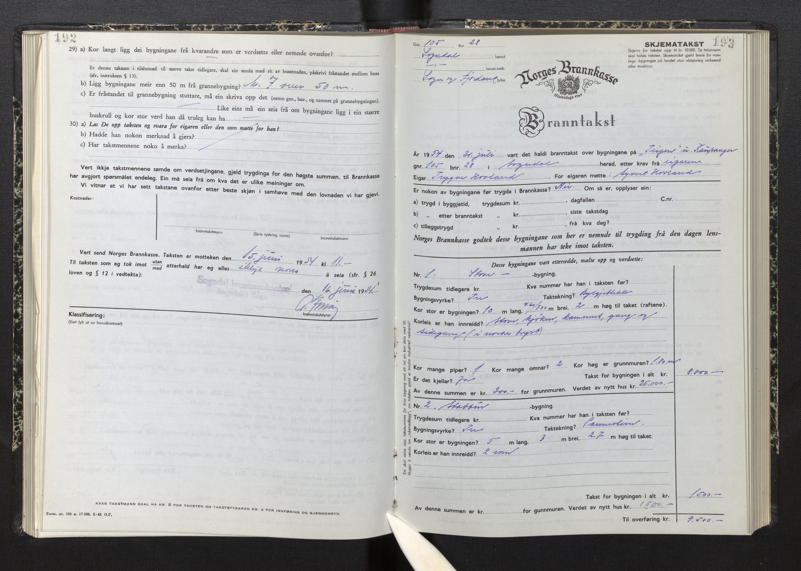 Lensmannen i Sogndal, AV/SAB-A-29901/0012/L0015: Branntakstprotokoll, skjematakst, 1950-1955, p. 192-193