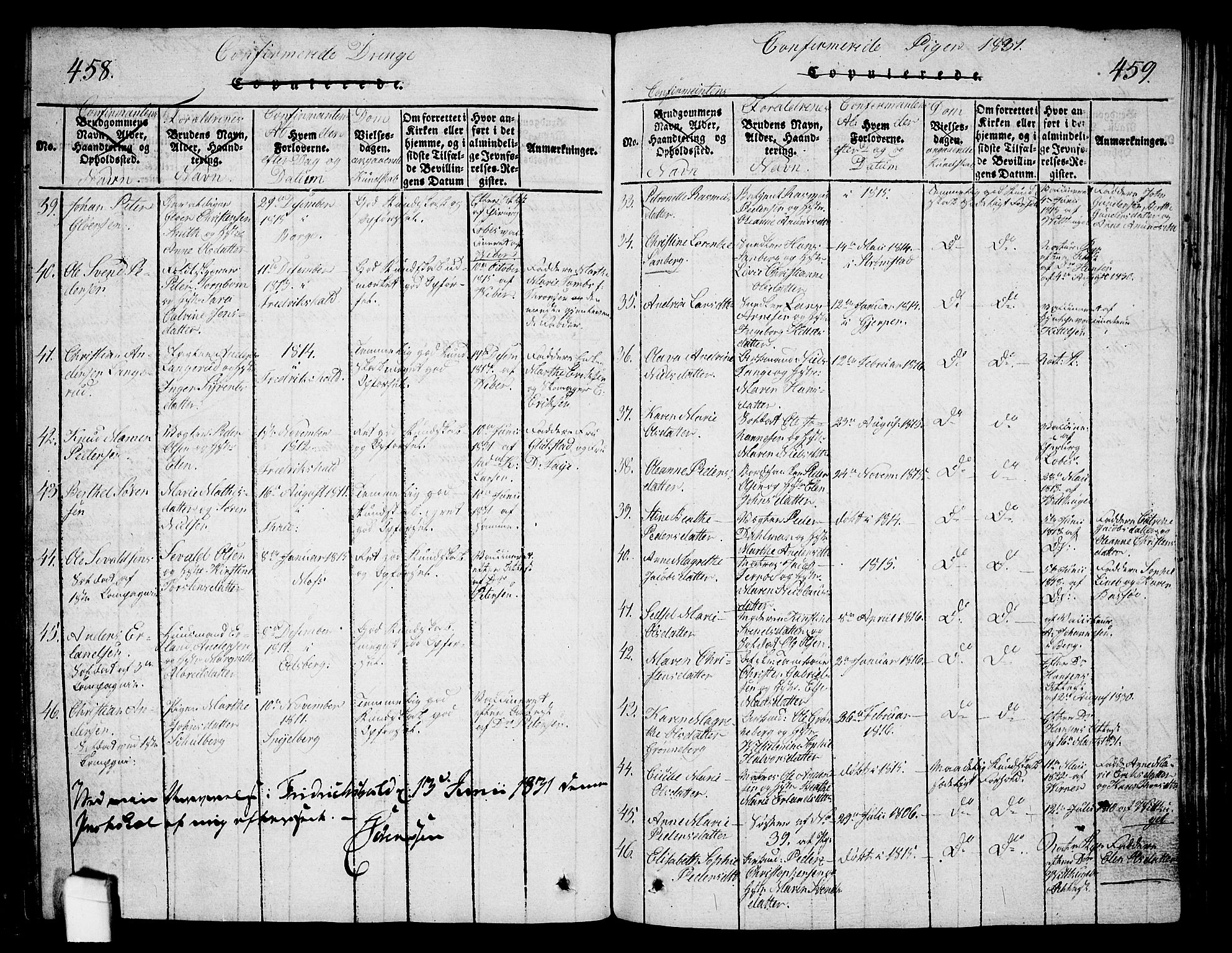 Halden prestekontor Kirkebøker, AV/SAO-A-10909/G/Ga/L0001: Parish register (copy) no. 1, 1815-1833, p. 458-459