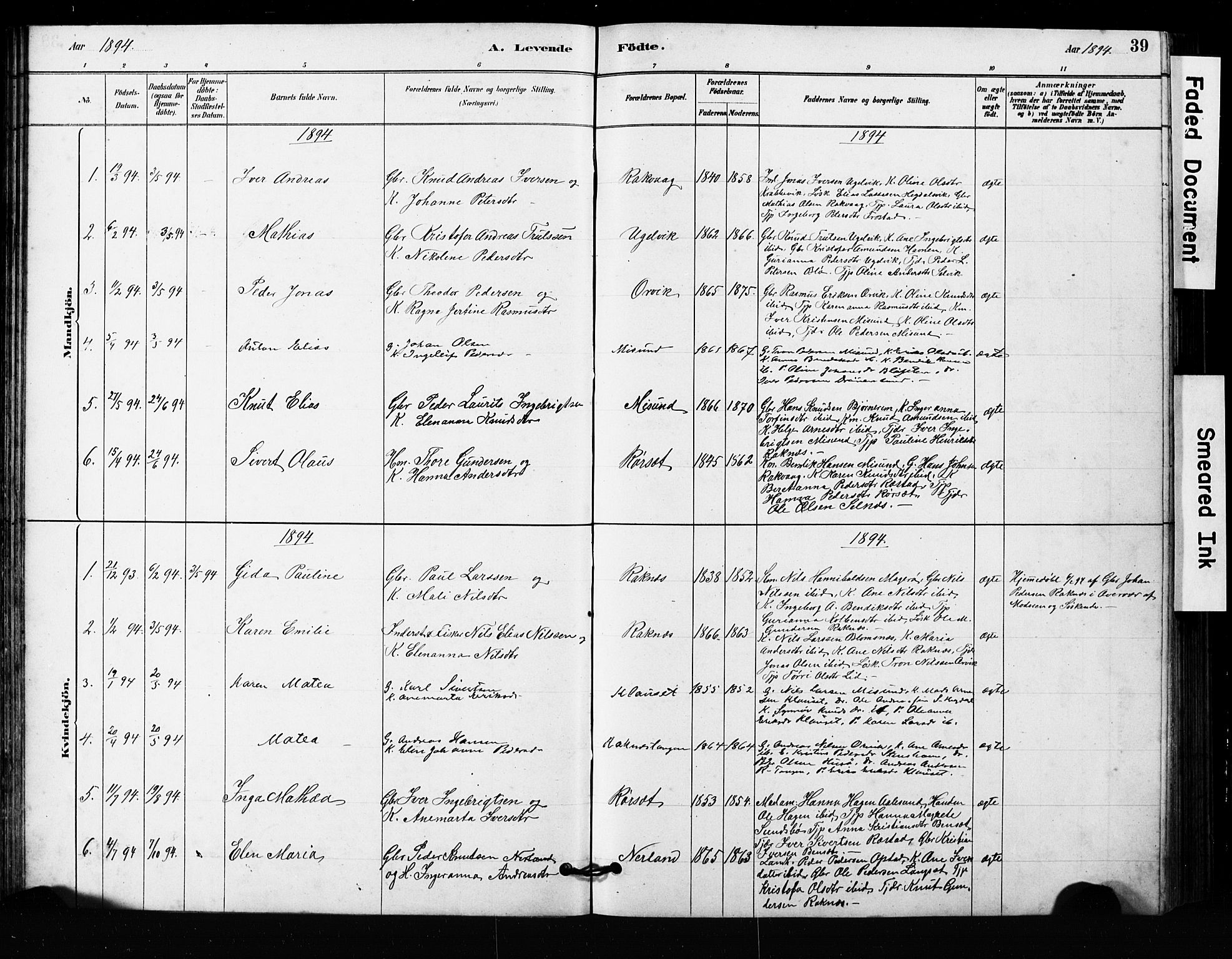 Ministerialprotokoller, klokkerbøker og fødselsregistre - Møre og Romsdal, SAT/A-1454/563/L0737: Parish register (copy) no. 563C01, 1878-1916, p. 39