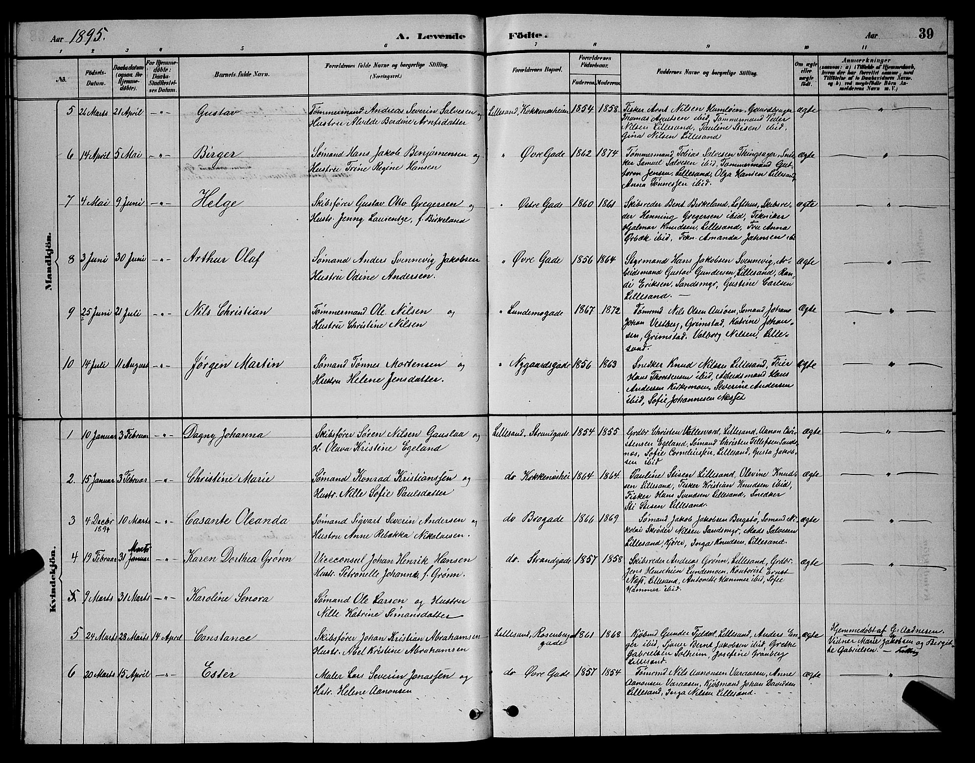 Vestre Moland sokneprestkontor, SAK/1111-0046/F/Fb/Fba/L0001: Parish register (copy) no. B 1, 1884-1903, p. 39