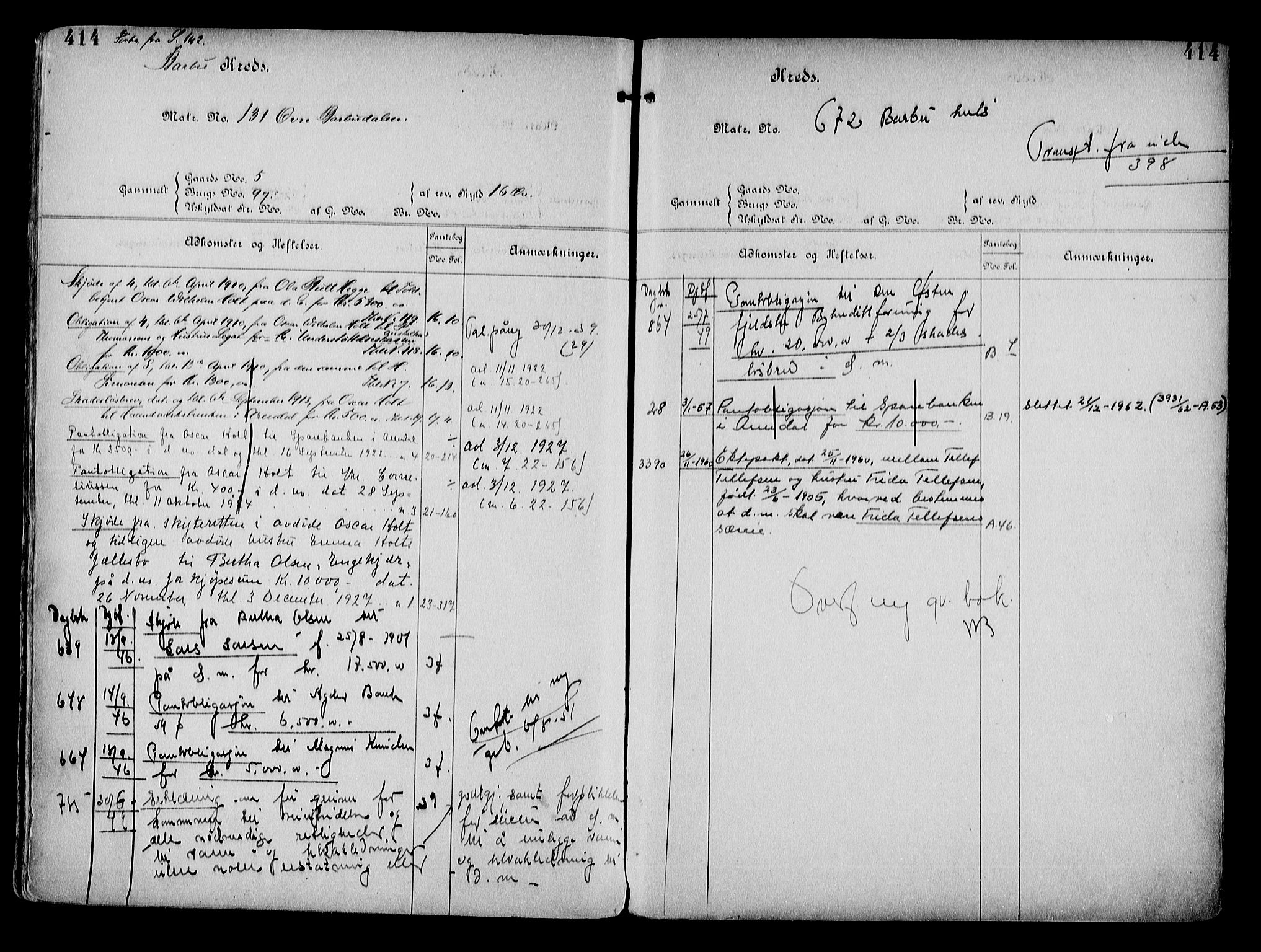 Arendal byfogd, AV/SAK-1222-0001/G/Ga/L0014: Mortgage register no. 12, 1865-1960, p. 414