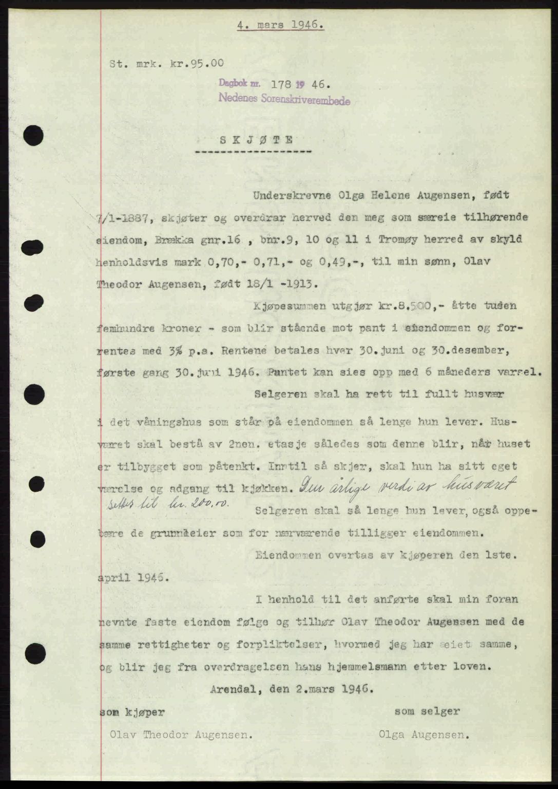 Nedenes sorenskriveri, SAK/1221-0006/G/Gb/Gba/L0054: Mortgage book no. A6c, 1946-1946, Diary no: : 178/1946