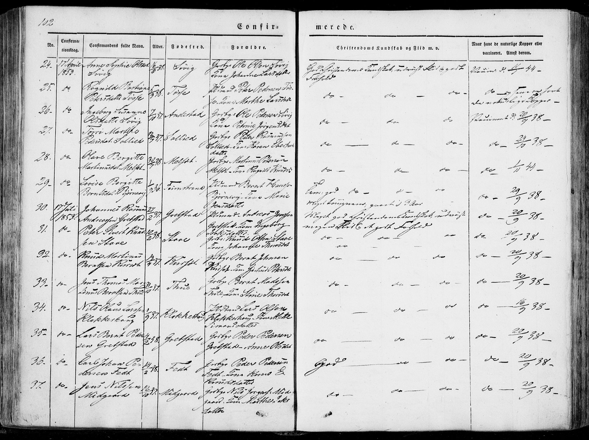 Ministerialprotokoller, klokkerbøker og fødselsregistre - Møre og Romsdal, AV/SAT-A-1454/522/L0313: Parish register (official) no. 522A08, 1852-1862, p. 102