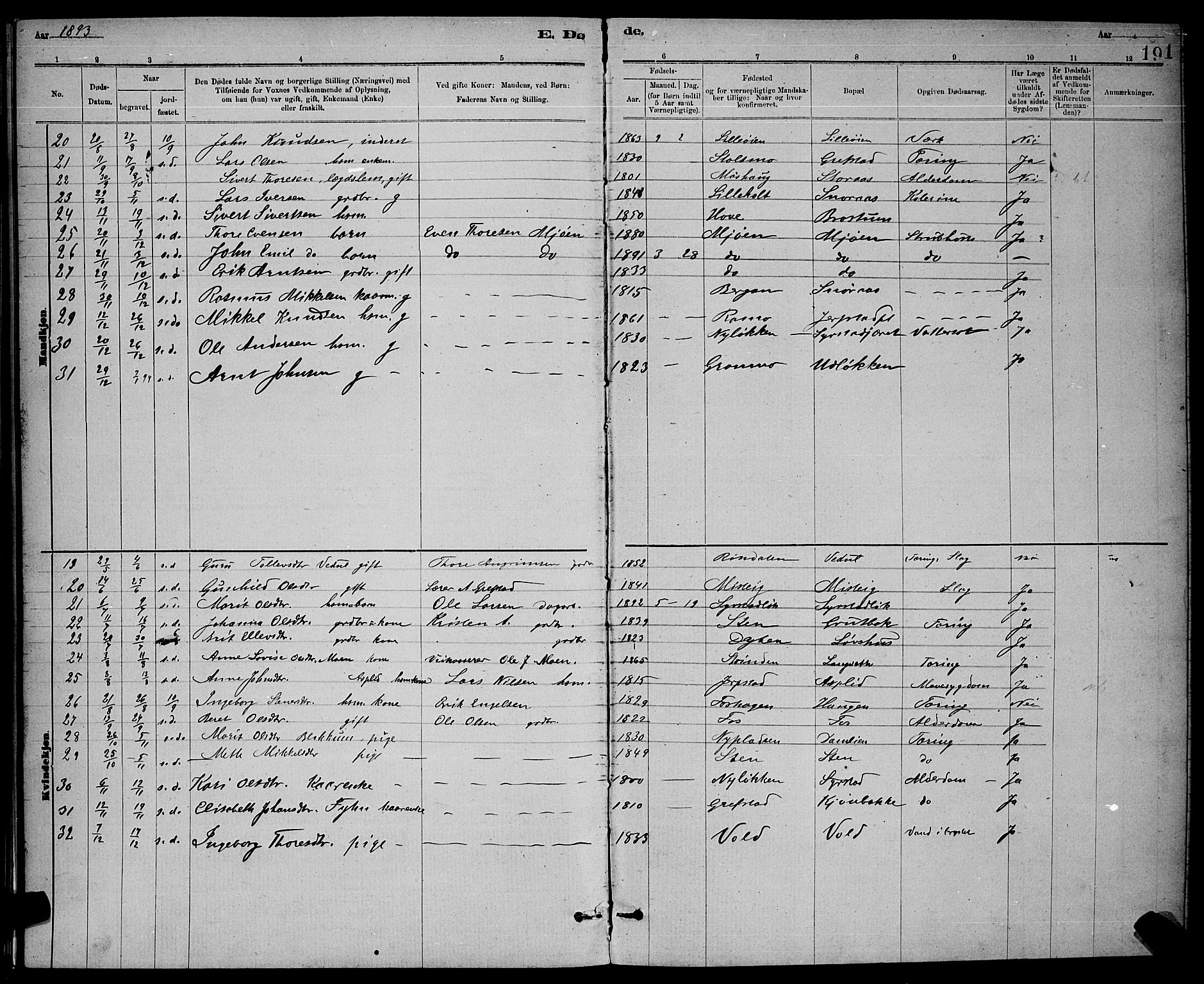 Ministerialprotokoller, klokkerbøker og fødselsregistre - Sør-Trøndelag, SAT/A-1456/672/L0863: Parish register (copy) no. 672C02, 1888-1901, p. 191
