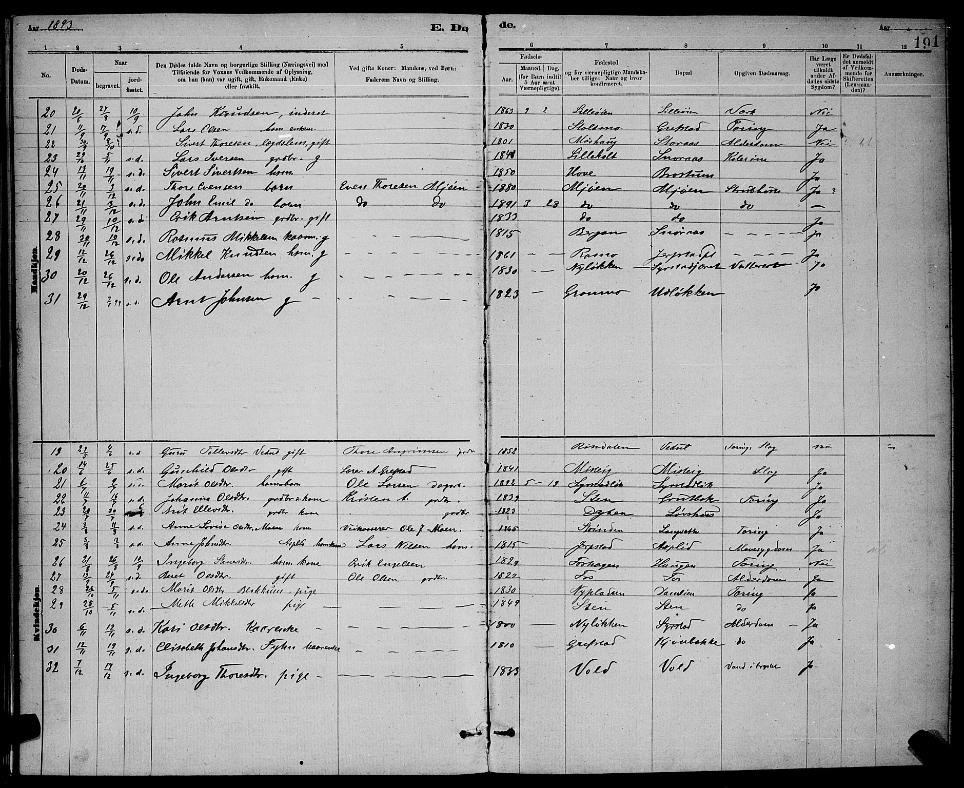 Ministerialprotokoller, klokkerbøker og fødselsregistre - Sør-Trøndelag, AV/SAT-A-1456/672/L0863: Parish register (copy) no. 672C02, 1888-1901, p. 191