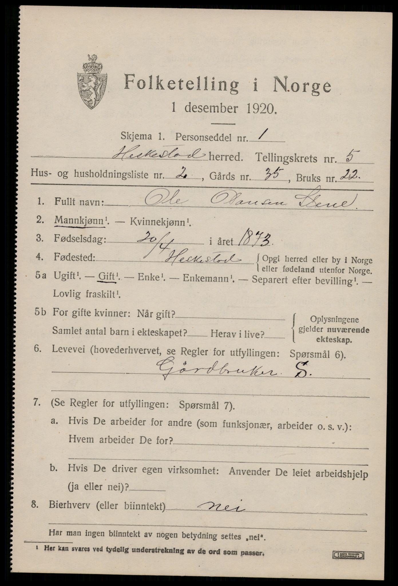 SAST, 1920 census for Heskestad, 1920, p. 1839