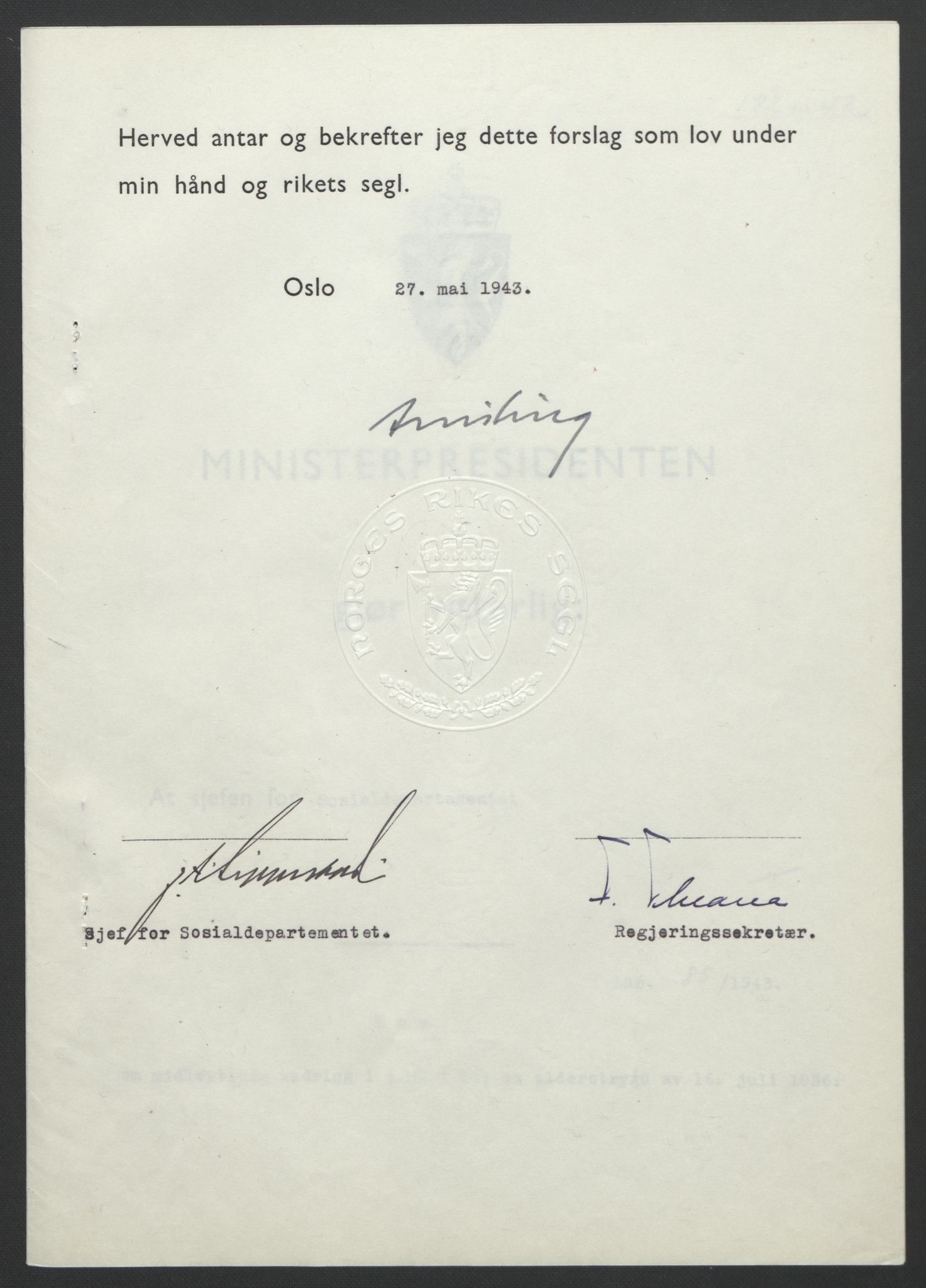 NS-administrasjonen 1940-1945 (Statsrådsekretariatet, de kommisariske statsråder mm), RA/S-4279/D/Db/L0099: Lover, 1943, p. 391