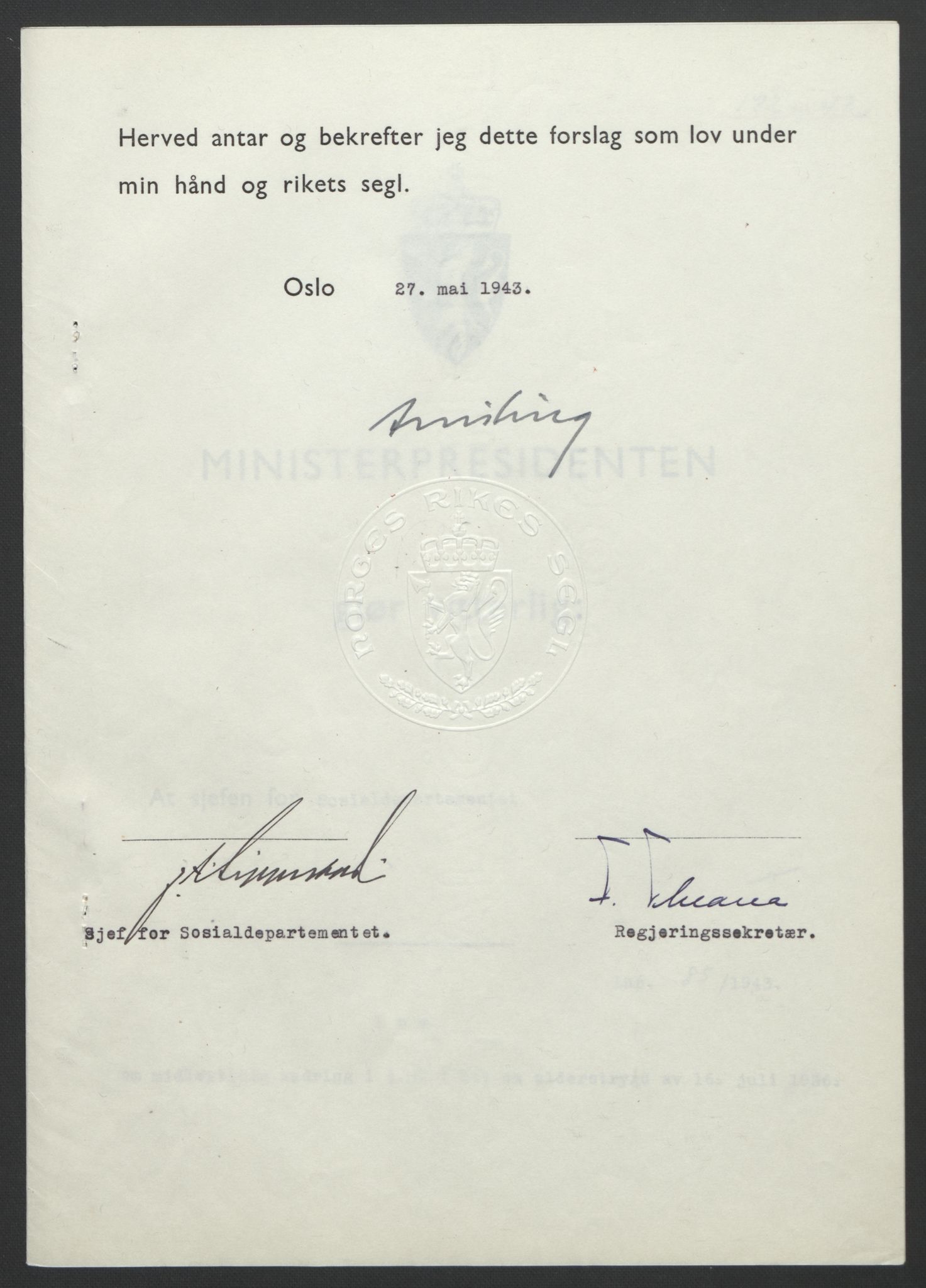 NS-administrasjonen 1940-1945 (Statsrådsekretariatet, de kommisariske statsråder mm), AV/RA-S-4279/D/Db/L0099: Lover, 1943, p. 391